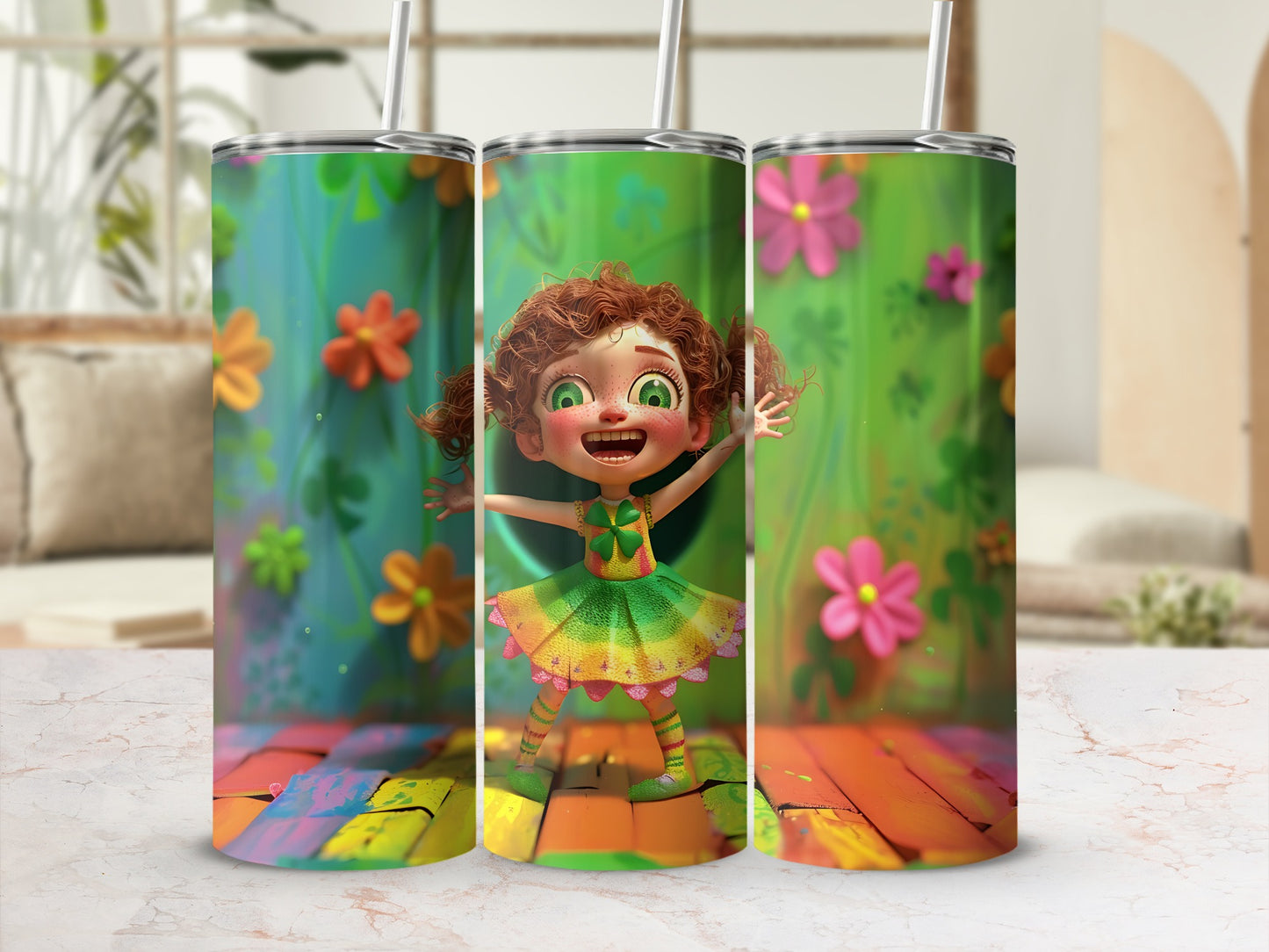 Cartoon girl in colorful dress and straw on a bright floral background.
