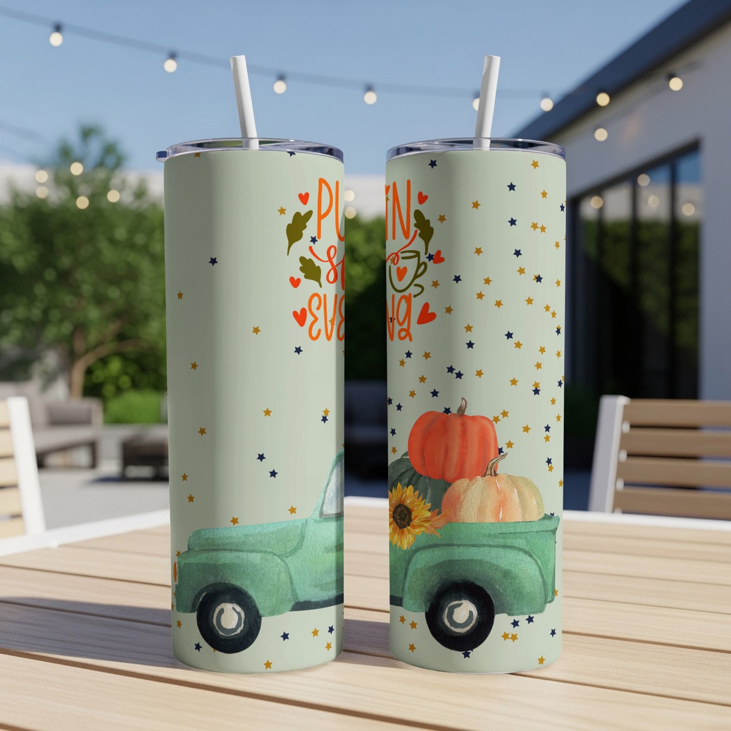 Green truck with pumpkins and "Pumpkin Spice Everything" text on light green tumbler.