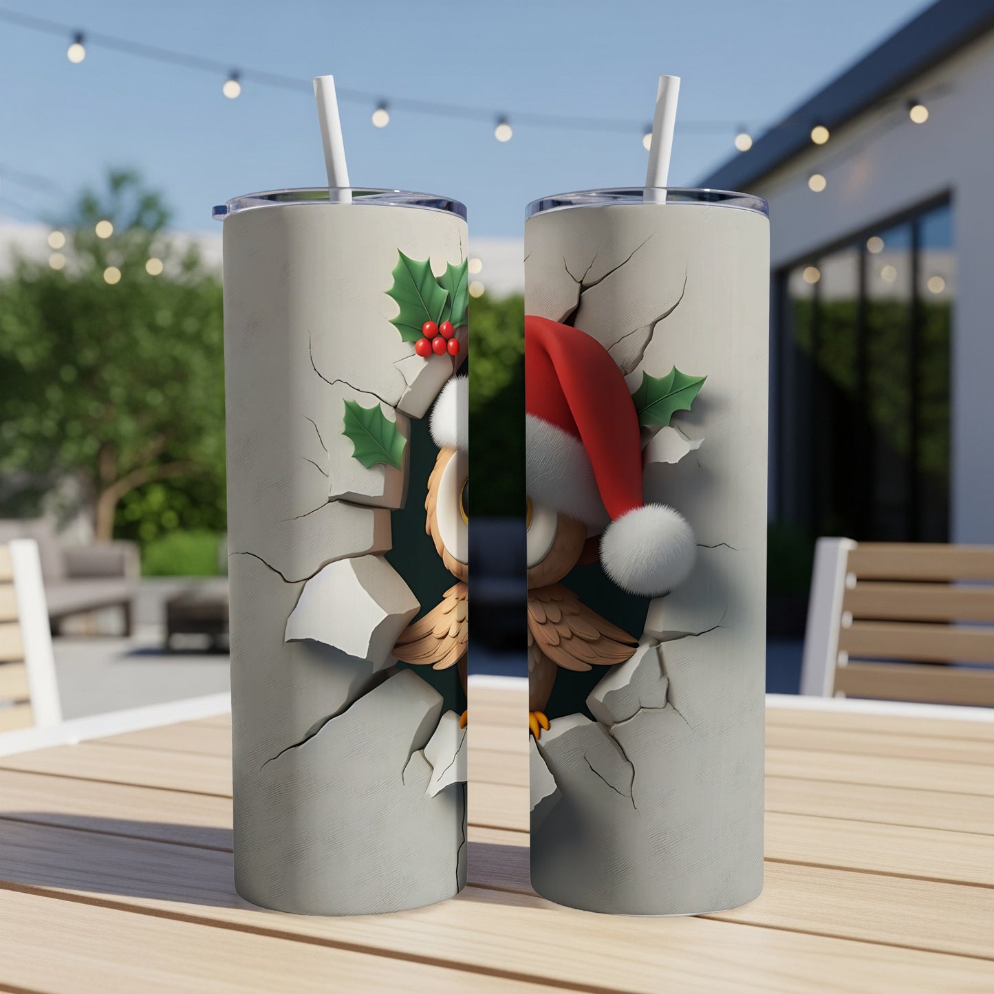 Cracked concrete tumbler with festive owl in Santa hat and holly.