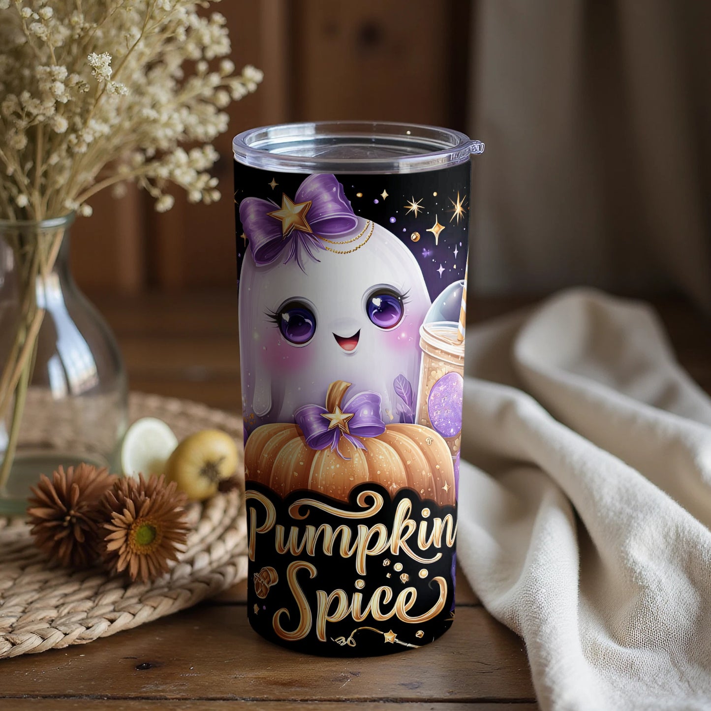 Adorable Pumpkin Spice Tumbler with Cute Ghost Design