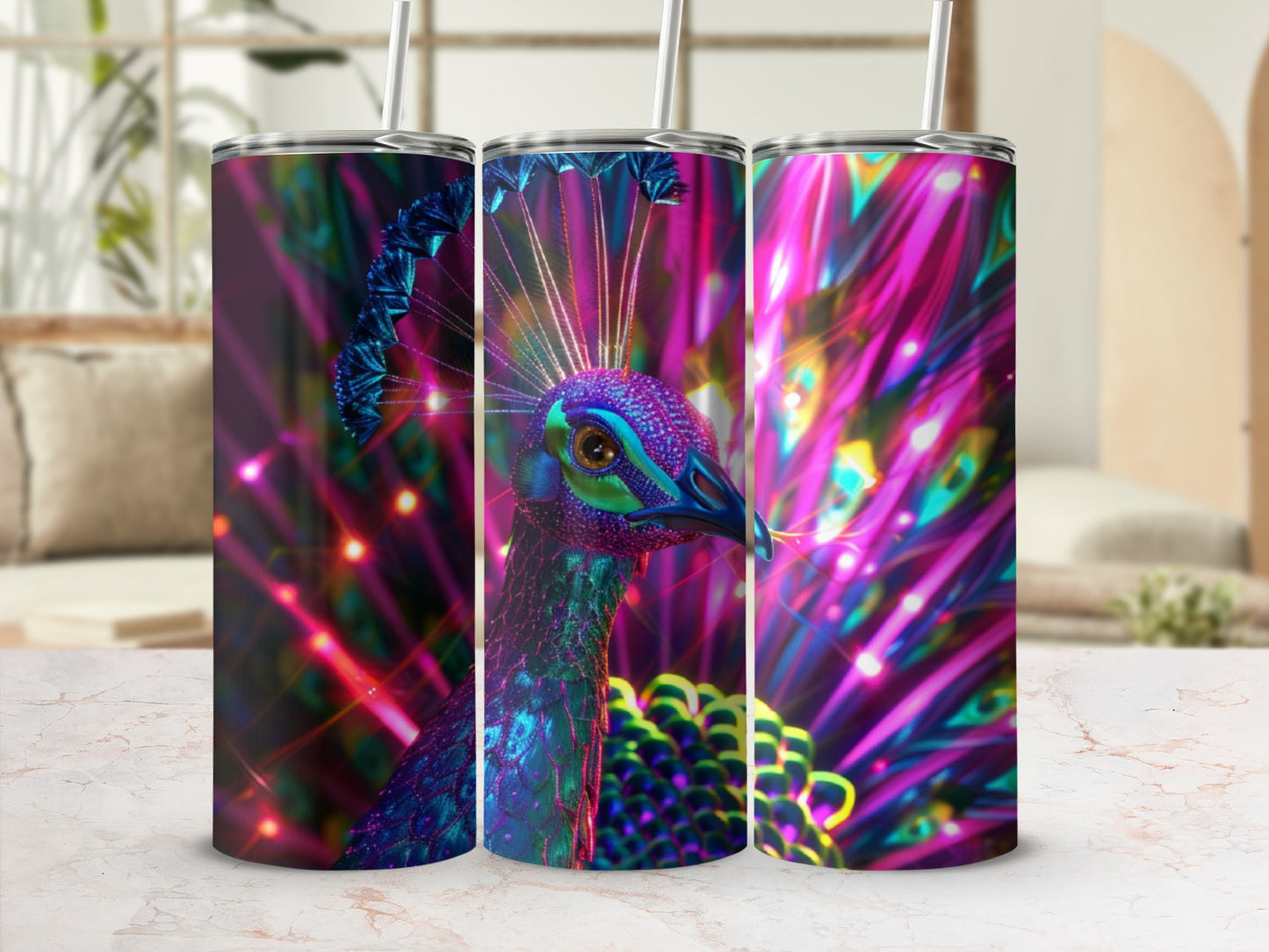 Three tumblers featuring a colorful peacock with vibrant, abstract feathers.