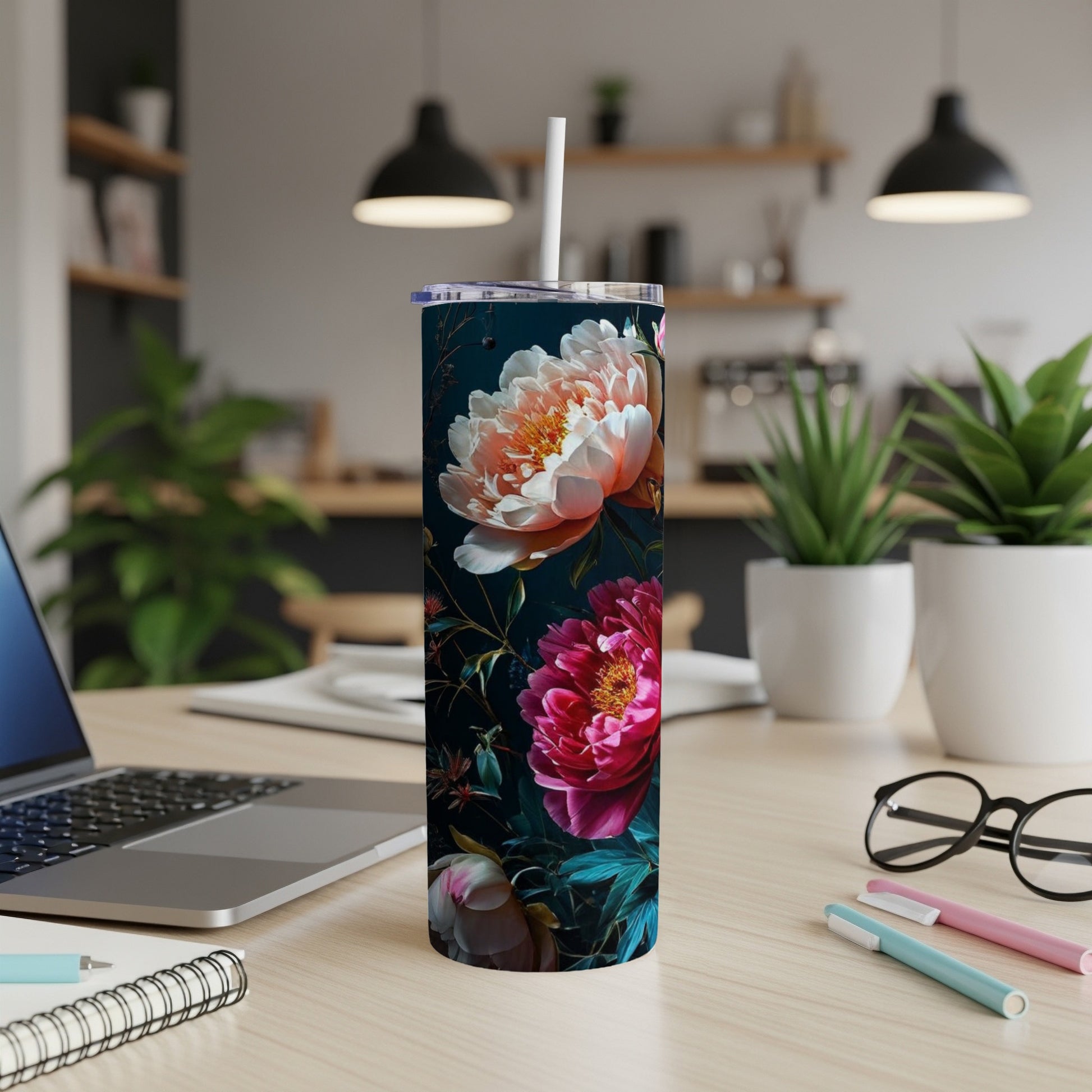 Tall tumbler with pink and orange peonies on a dark floral background.