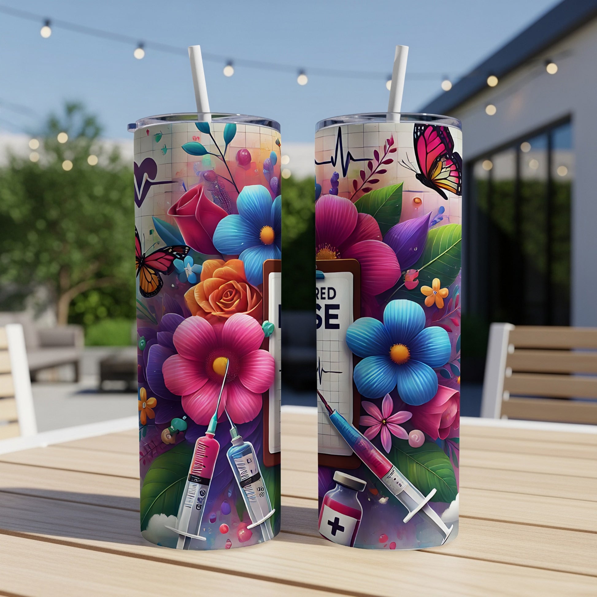 Two tumblers featuring colorful flowers, butterflies, syringes, and heartbeat graphic with text.