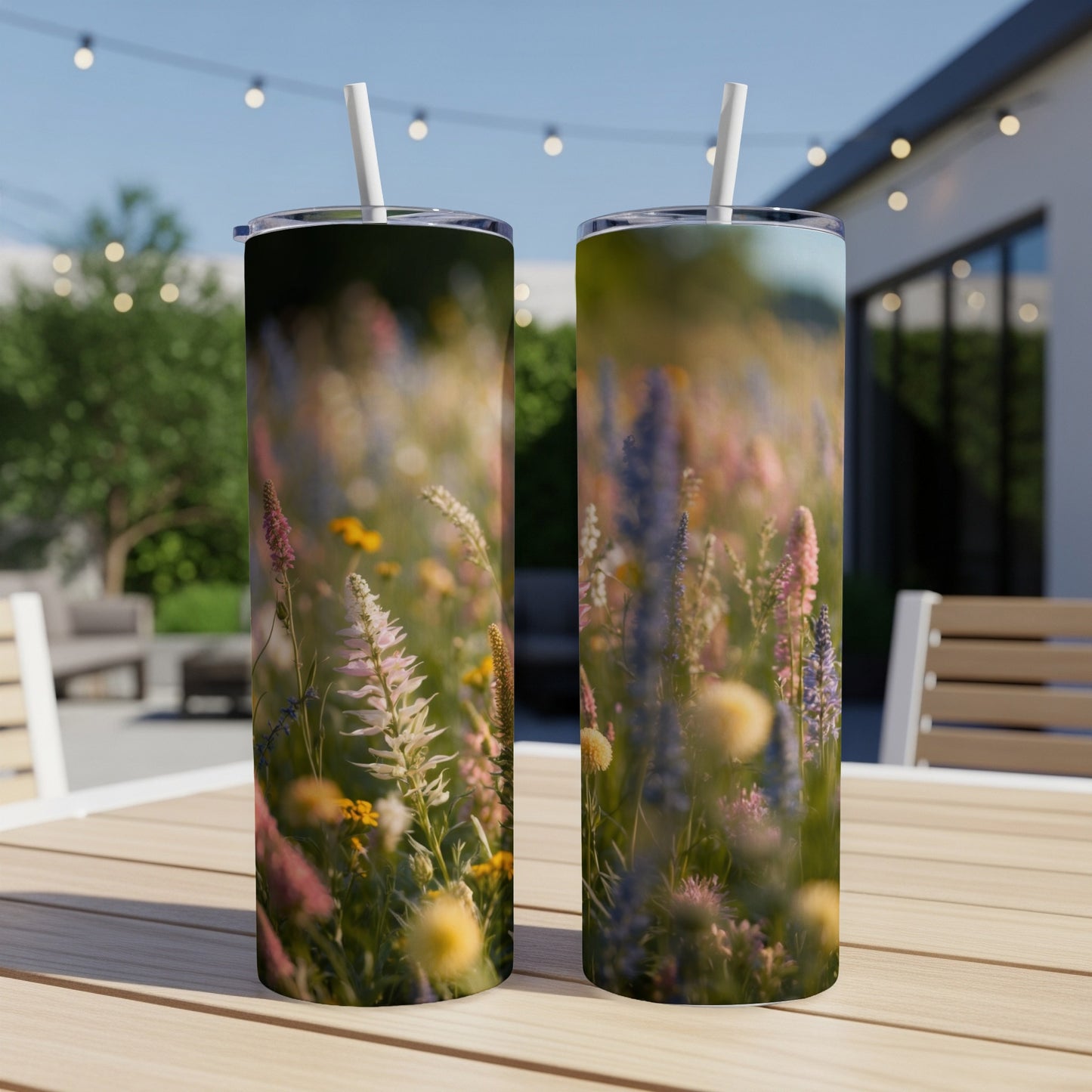 Two tumblers with a blurred floral field design on a wooden table.