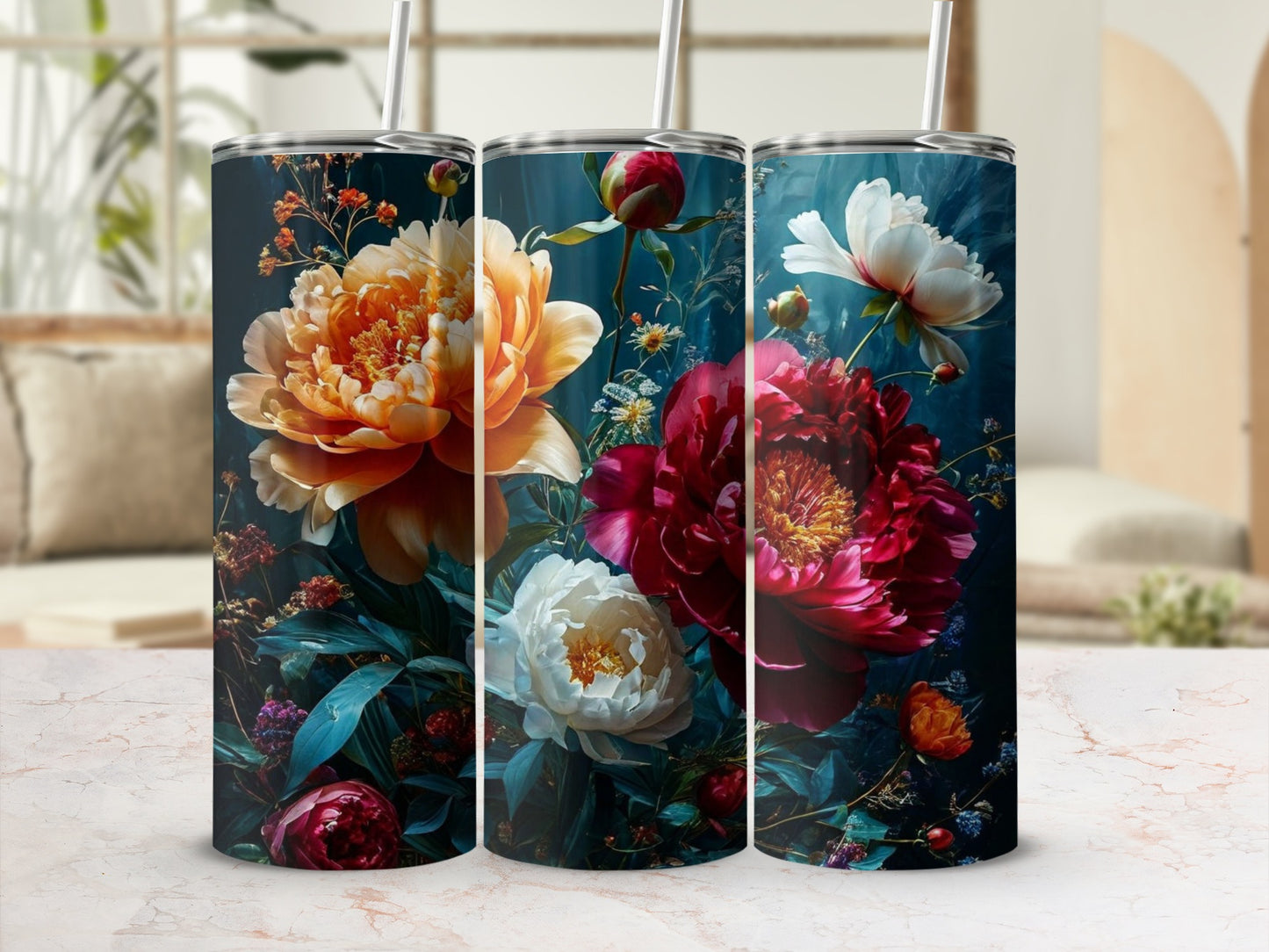 Tall tumbler with large, vibrant flowers: peonies and roses, against a dark background.