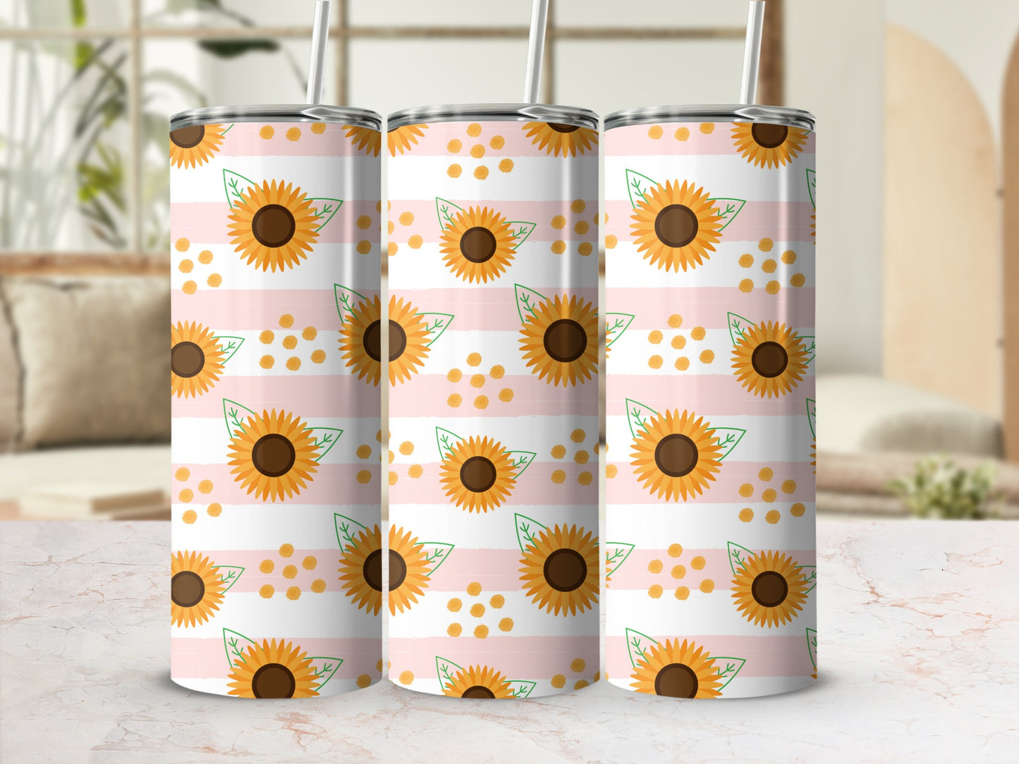 Three tumblers with a pink and white striped pattern and sunflowers.