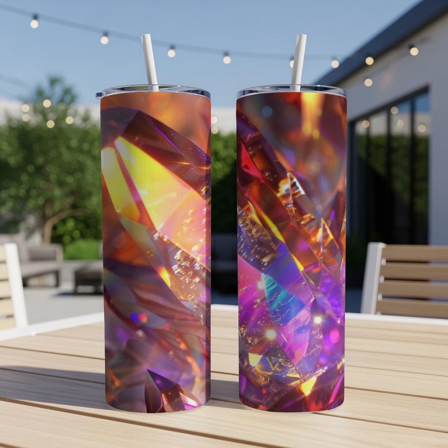 Two tumblers with abstract, colorful gemstone designs and straws.