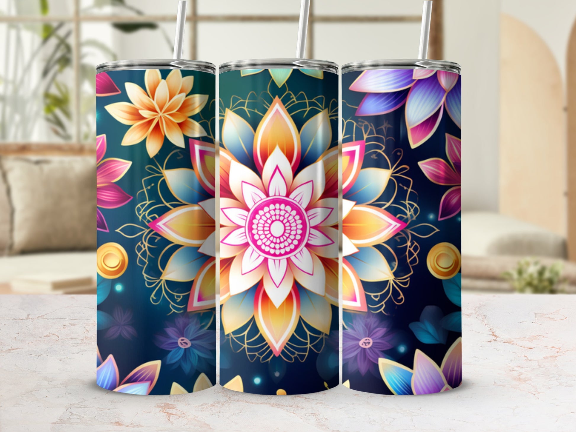 Three tumblers with colorful mandala floral designs on a marble surface.