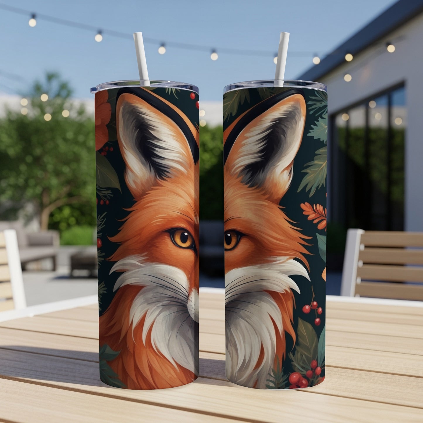 Two tumblers featuring a close-up illustration of a fox with floral accents.
