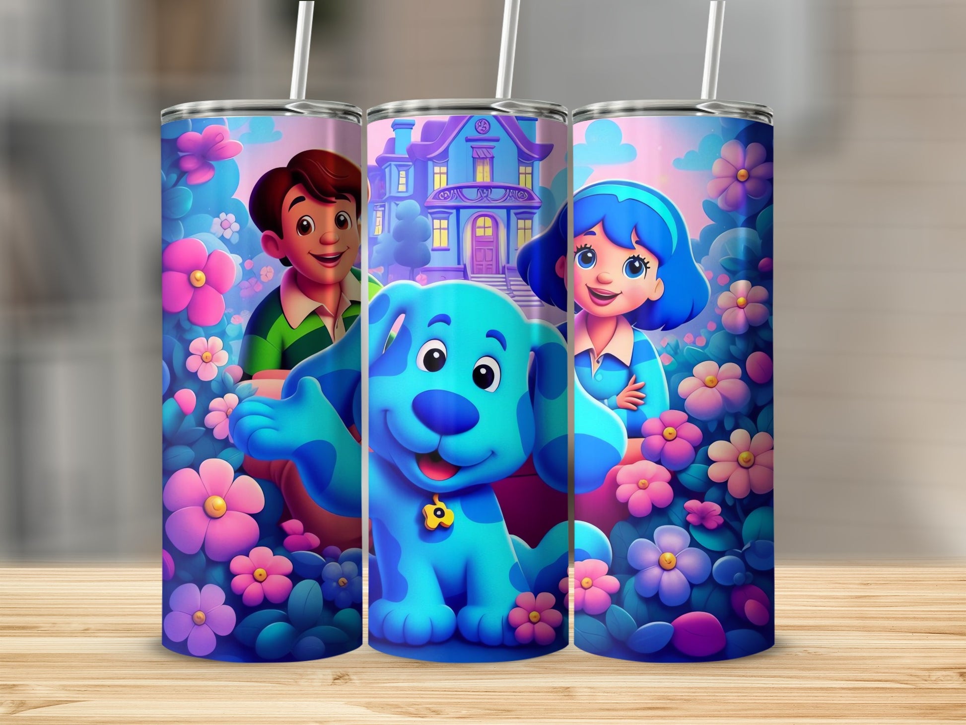 Cartoon Dog and Friends Design on Floral Scene Tumbler