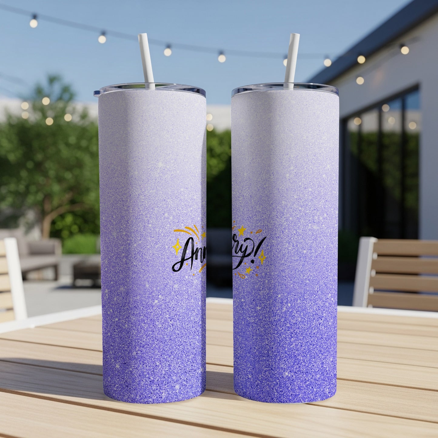 Two tall tumblers with a purple glitter ombre and "Anniversary!" text.