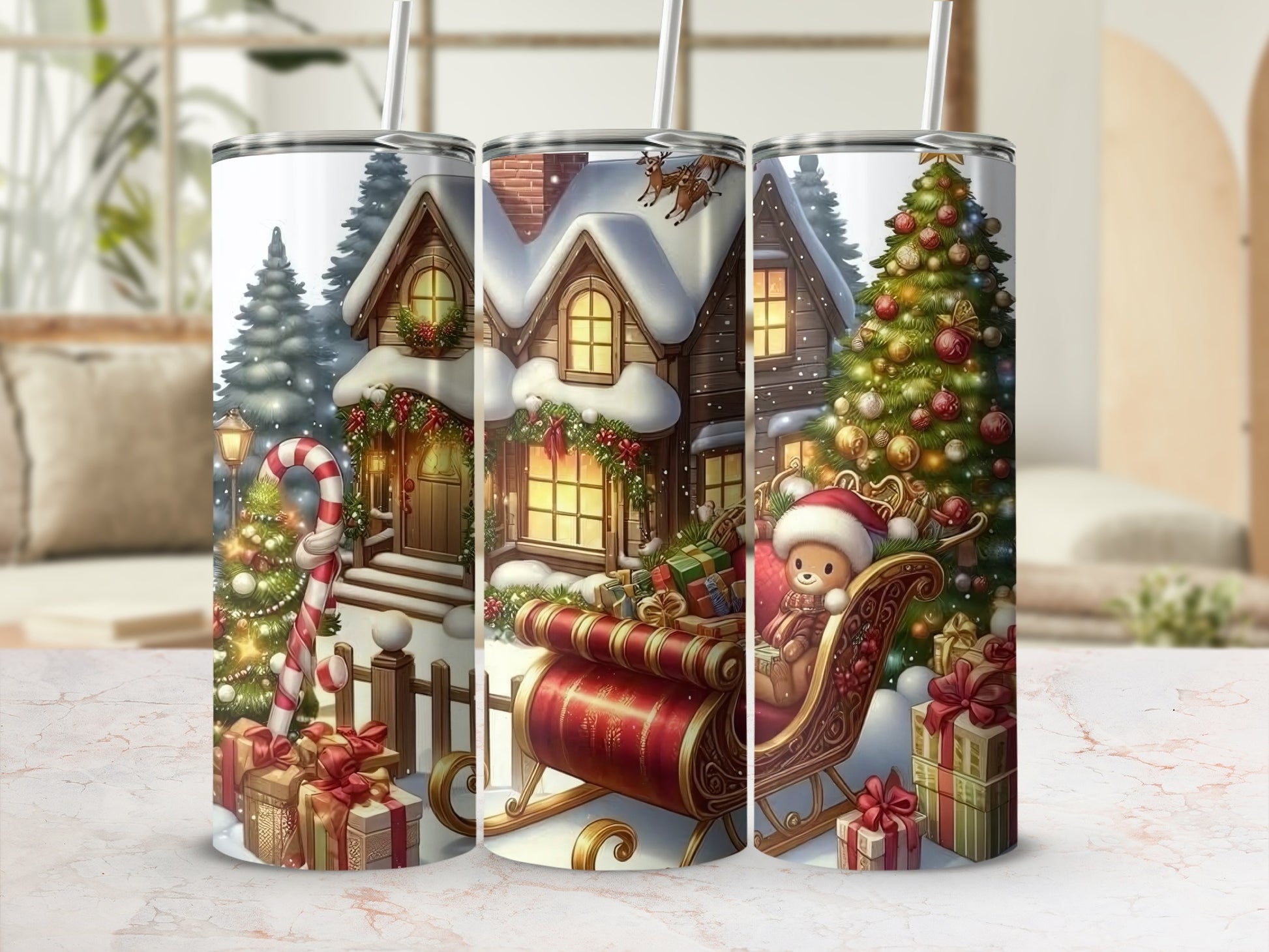 Festive Christmas Scene with Teddy Bear Insulated Tumbler