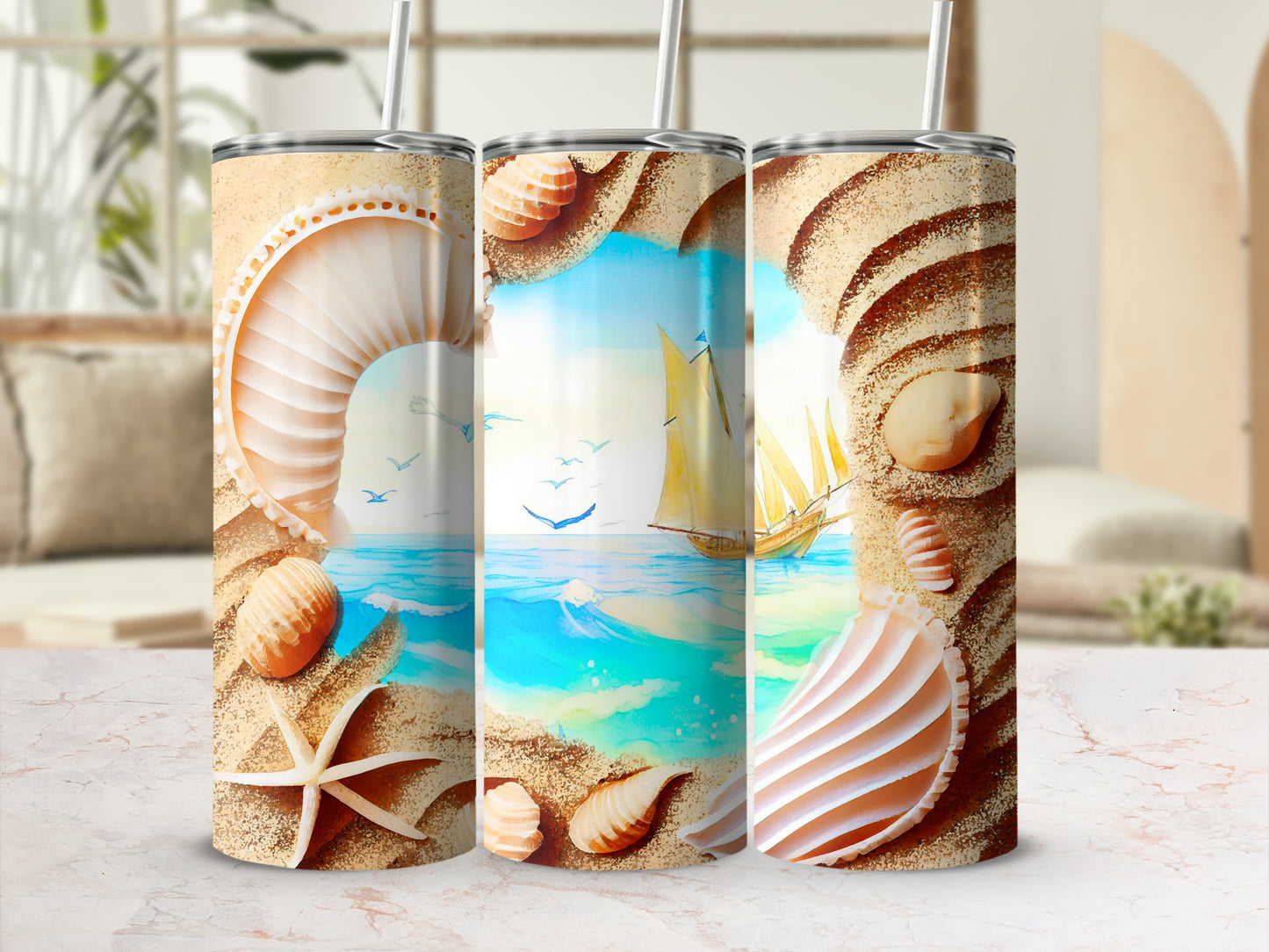 Three tumblers with beach and seashell designs, one featuring a sailboat.