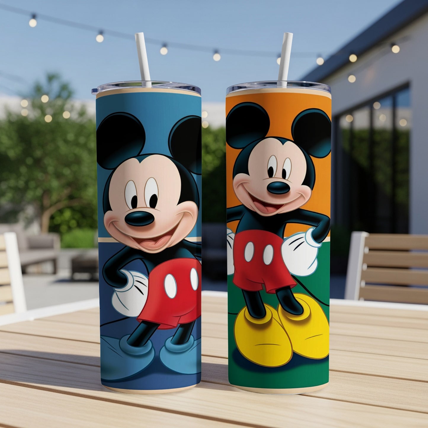 Mickey Mouse on blue and orange tumblers with straws.