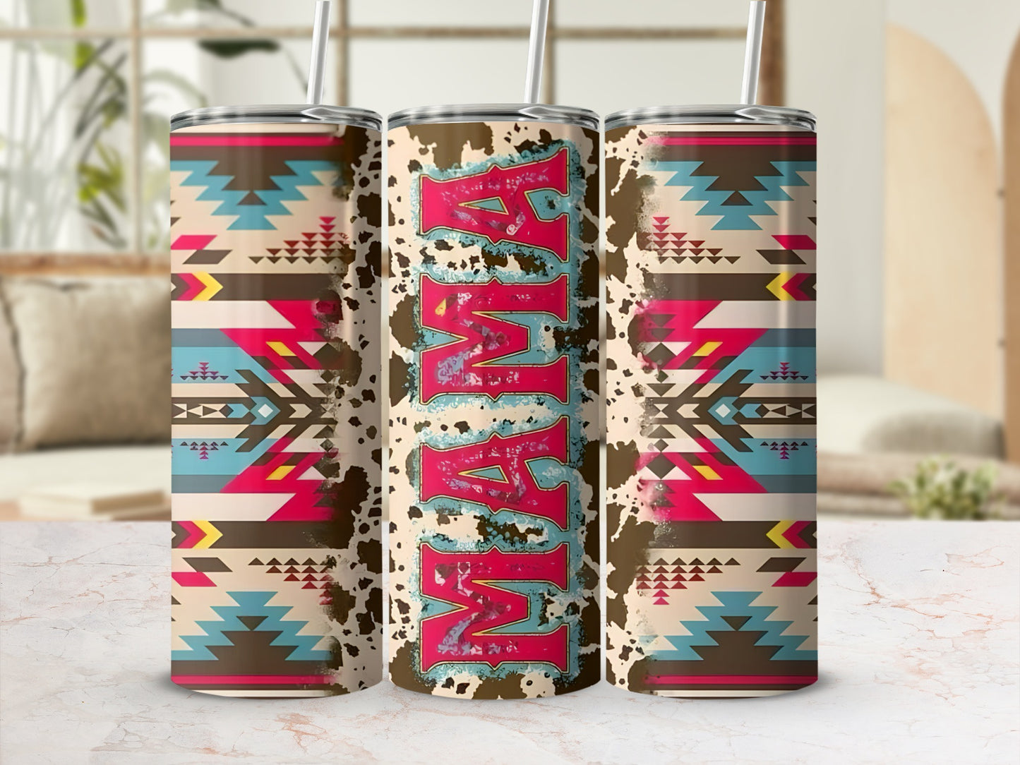 Aztec pattern tumbler with "Mama" in distressed red letters.