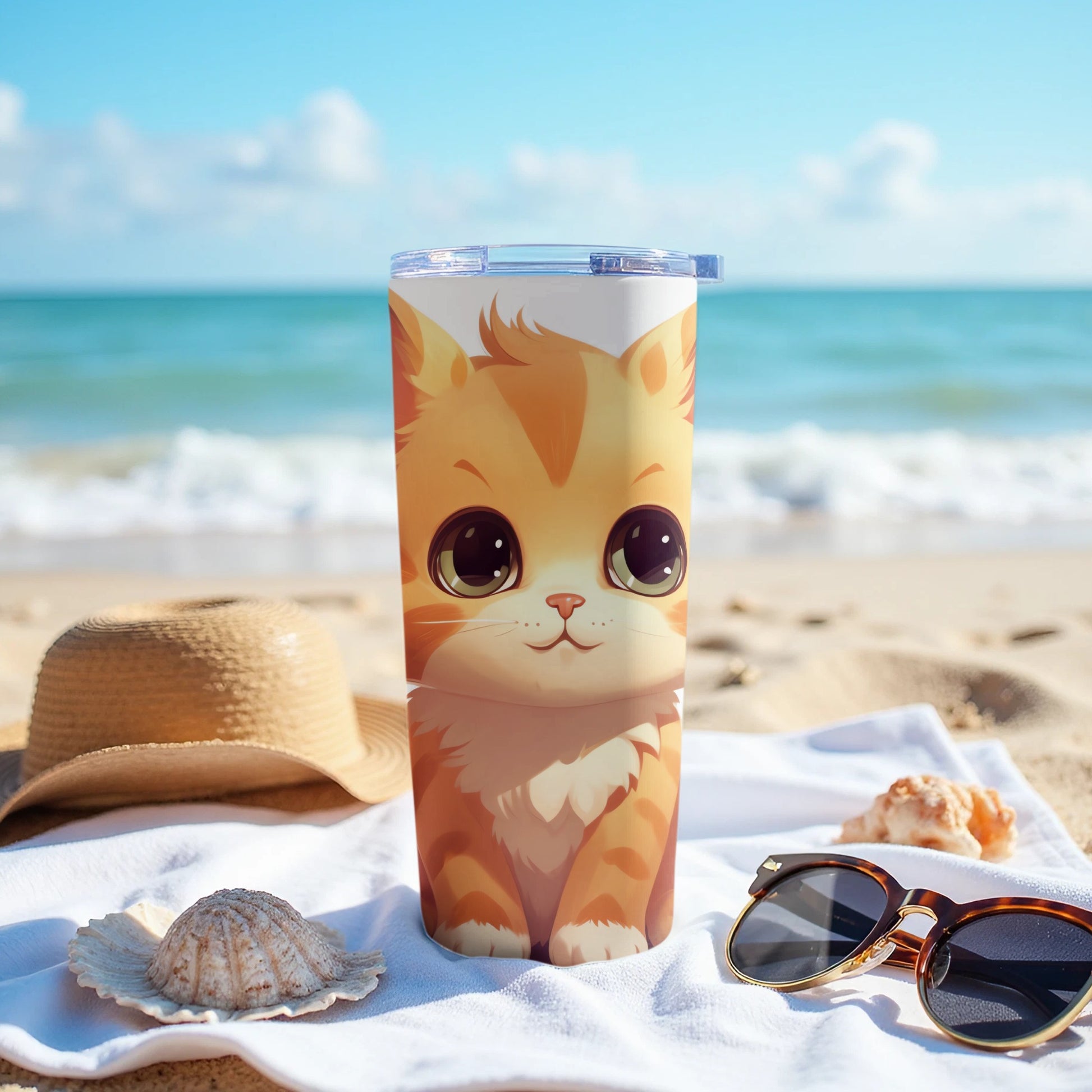 Adorable Big Eyed Orange Cat Tumbler Beach Scene product type