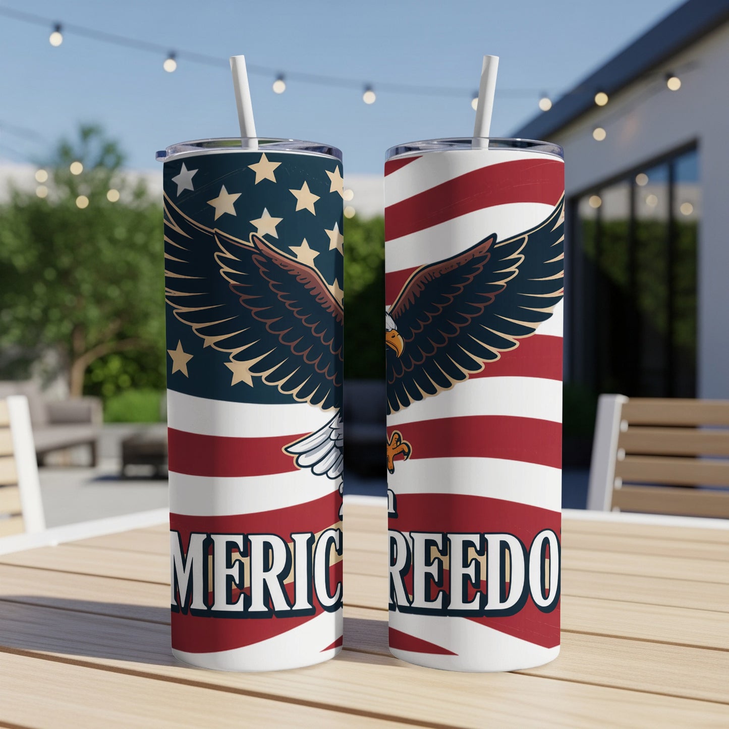 Two tall tumblers with American flag and eagle design.