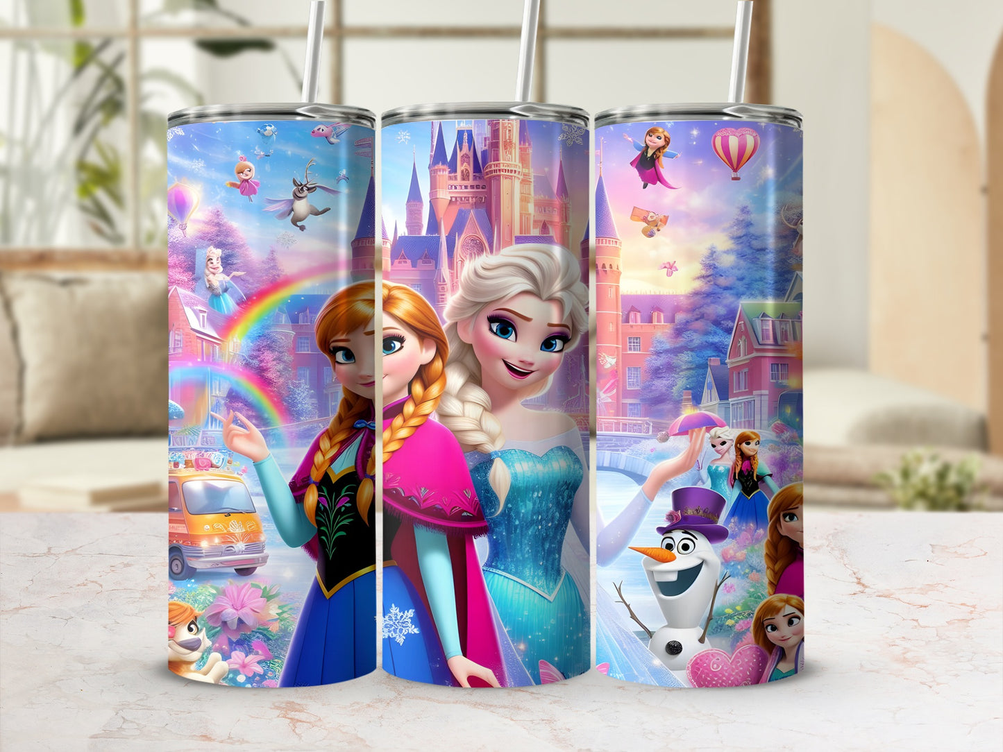 Elsa and Anna from Frozen on a tumbler with a whimsical castle and city scene.