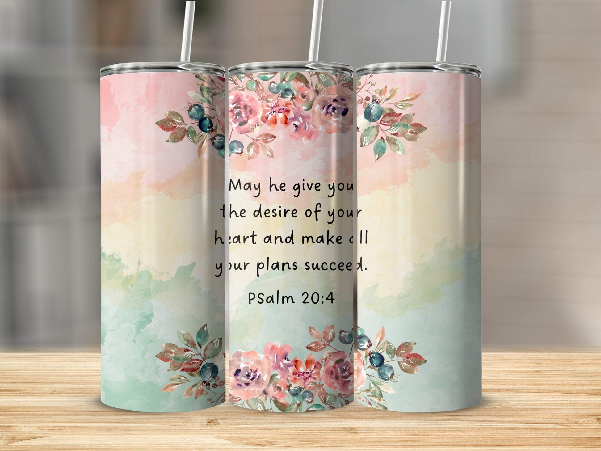 Inspirational Floral Design Tumbler with Psalm 20:4 Quote