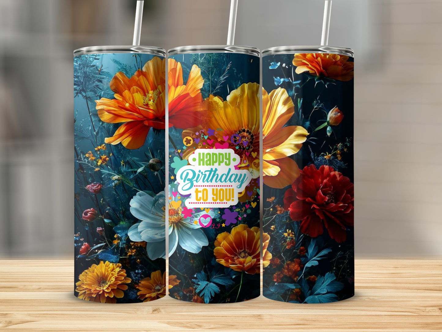 Three tumblers with colorful flowers and "Happy Birthday to you!" text.