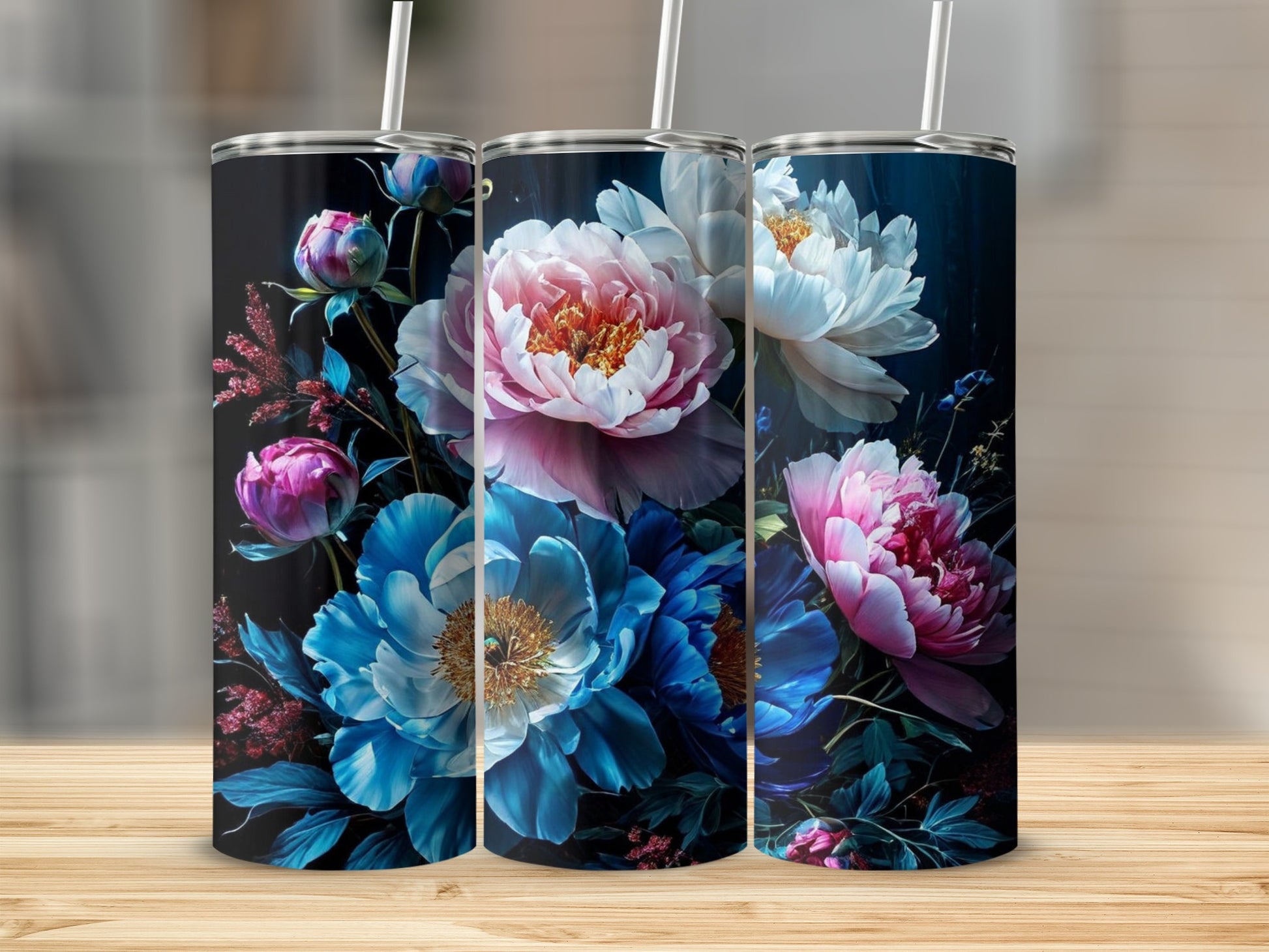 Three tumblers featuring a dark floral design with peonies.