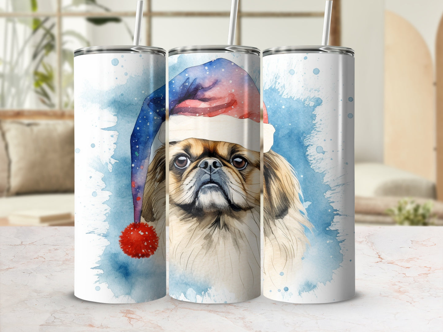 Watercolor Pekingese dog wearing a Santa hat on a Christmas tumbler.