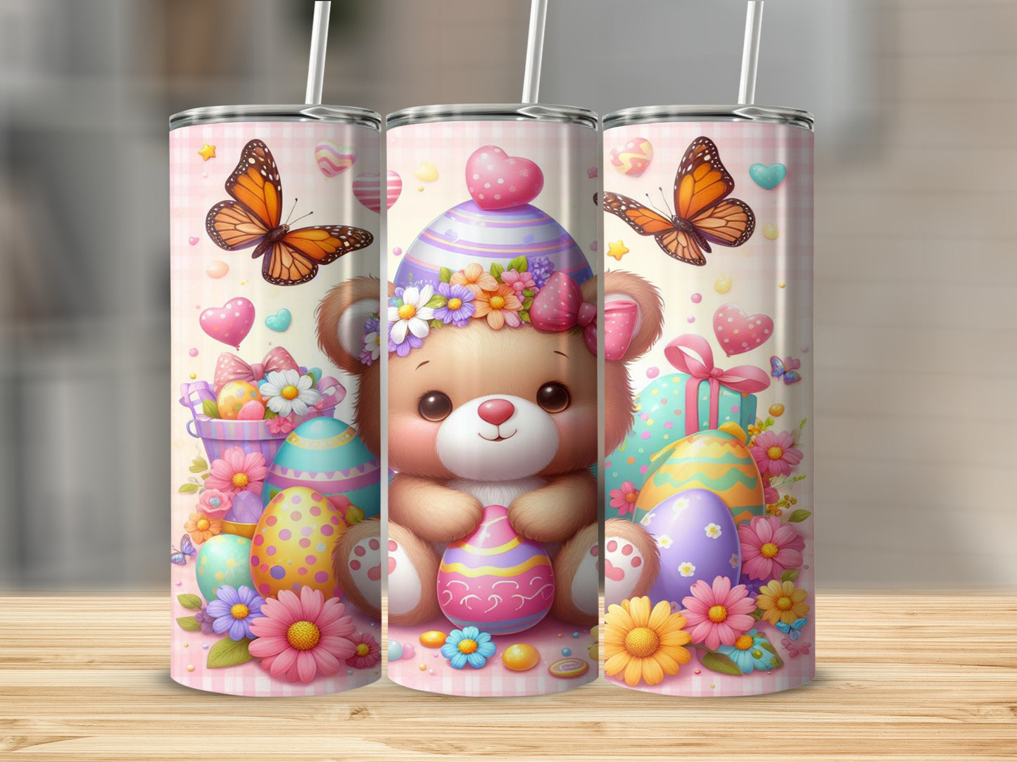 Cute teddy bear holding an Easter egg surrounded by colorful eggs and butterflies.