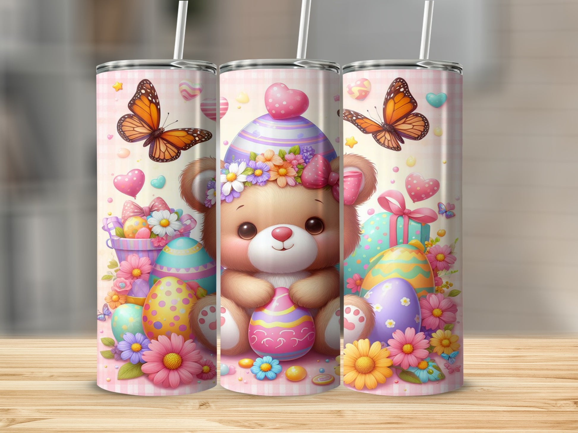 Cute teddy bear holding an Easter egg surrounded by colorful eggs and butterflies.