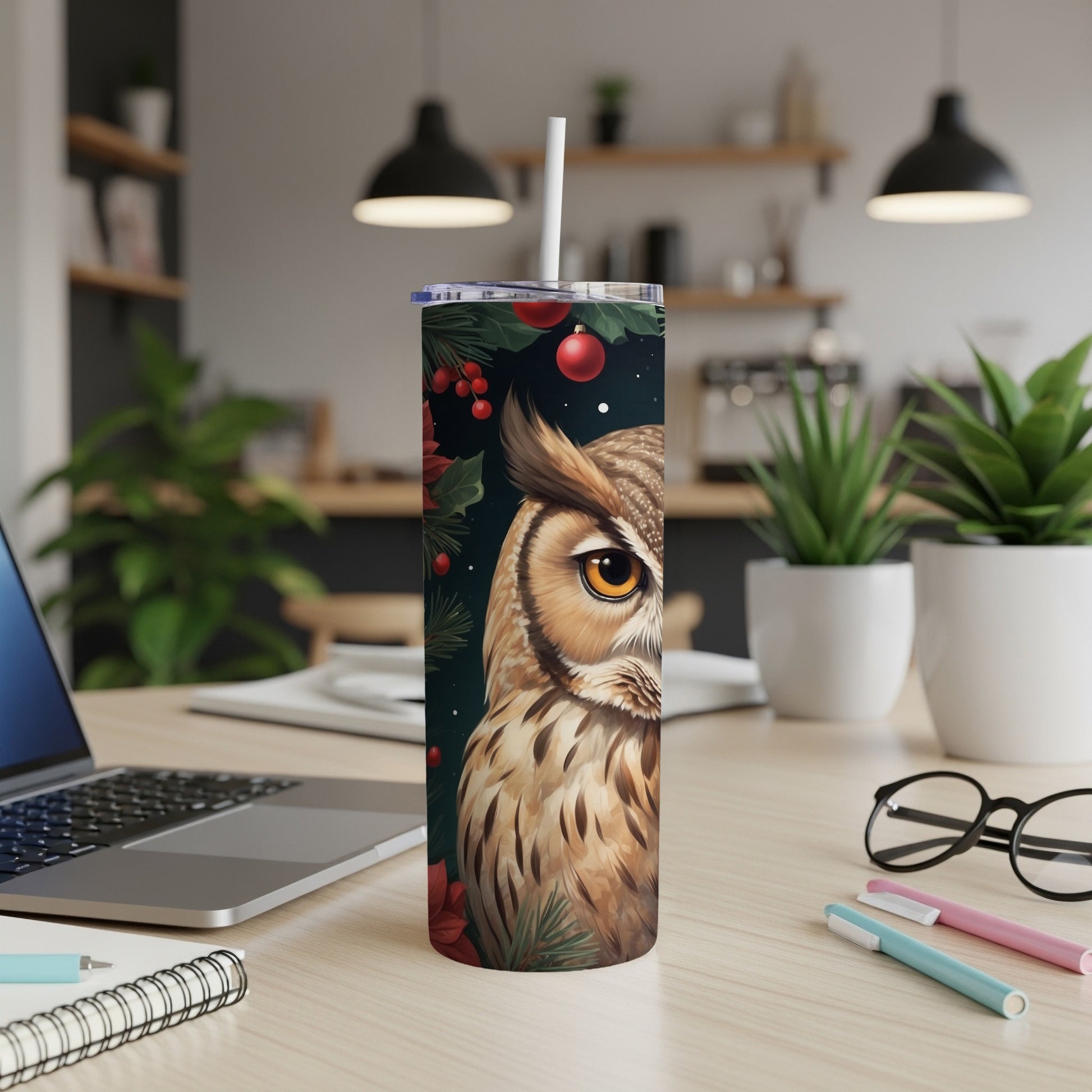 Owl on a Christmas tumbler with poinsettias and holly.