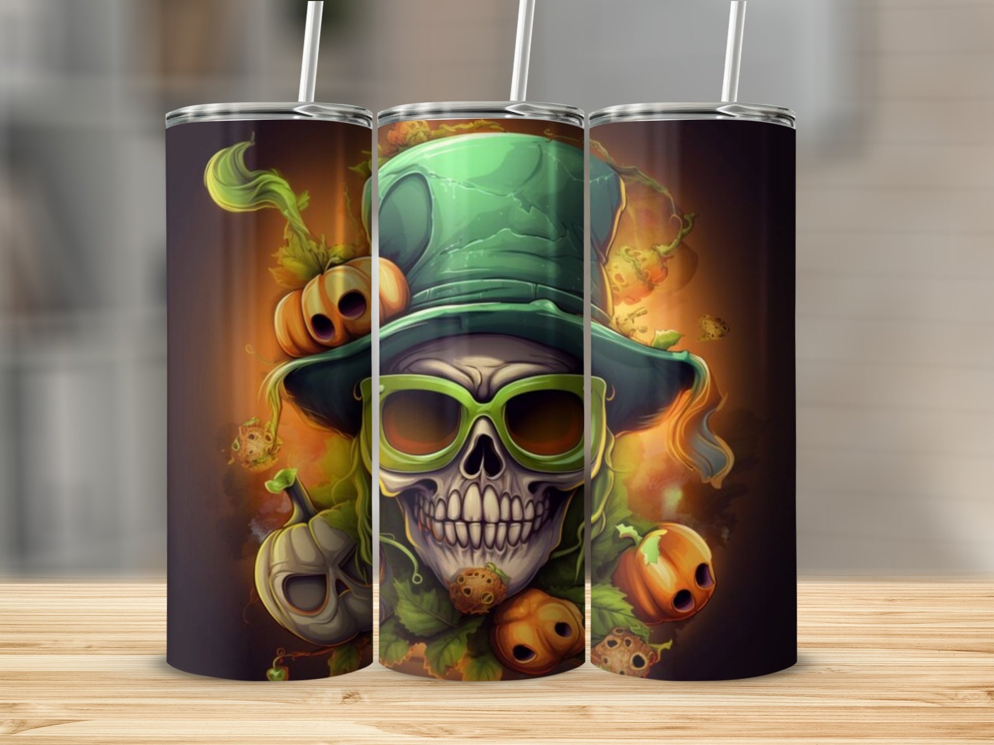 Halloween Skull with Hat and Pumpkins Tumbler Product