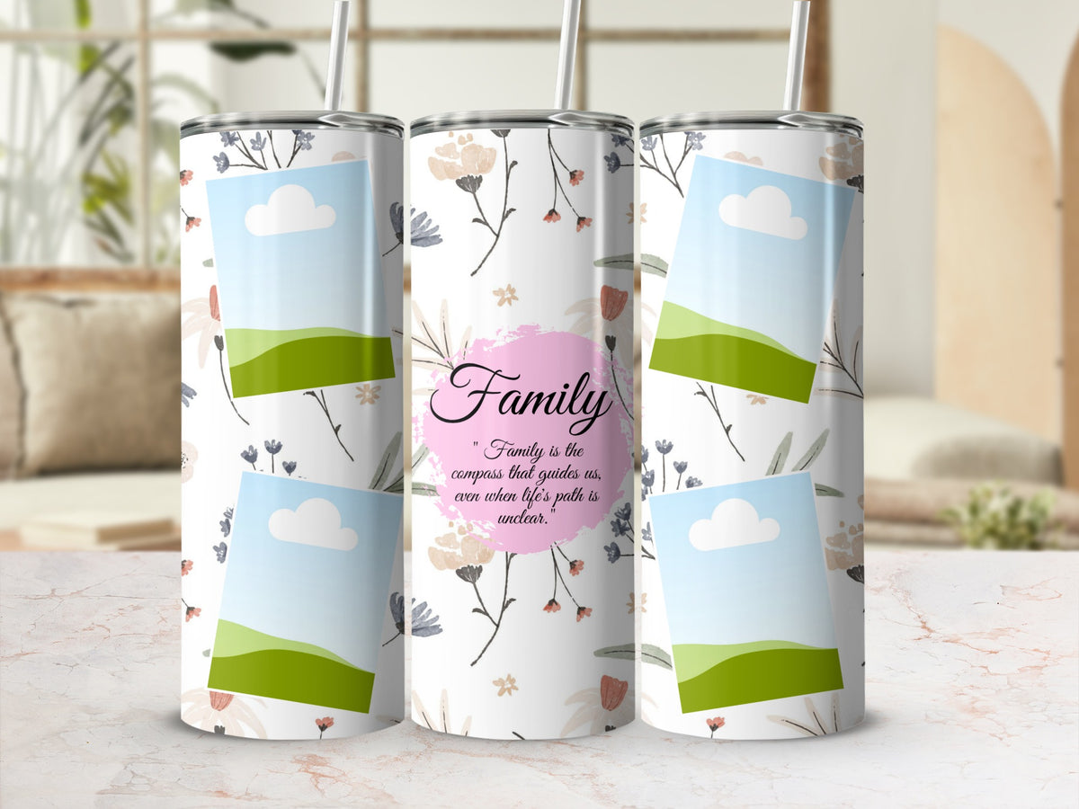 Floral tumbler with "Family" quote and photo placeholders.