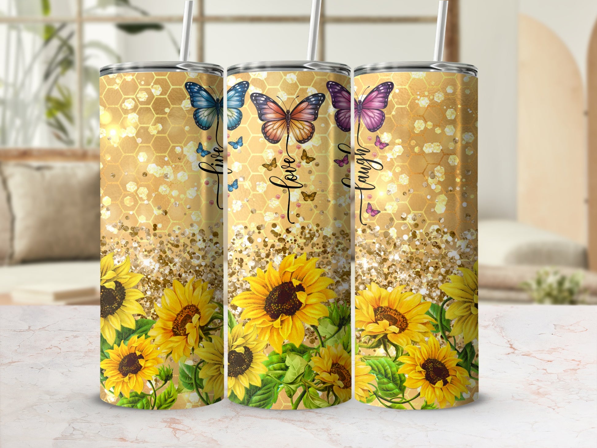 Sunflower and Butterfly Glitter Print Tumbler Cup