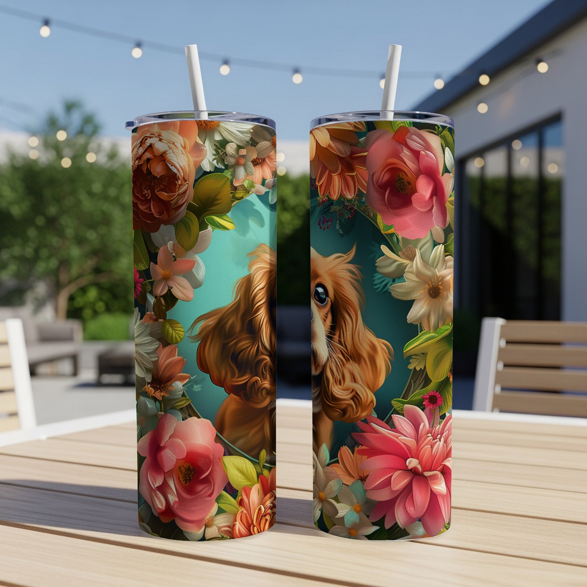 Dog portrait with floral design on two tall tumblers on a table.