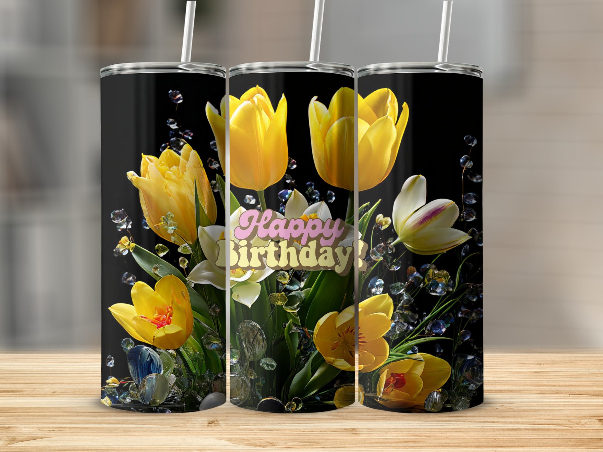 Yellow tulips and white flowers with "Happy Birthday" text on a black tumbler.