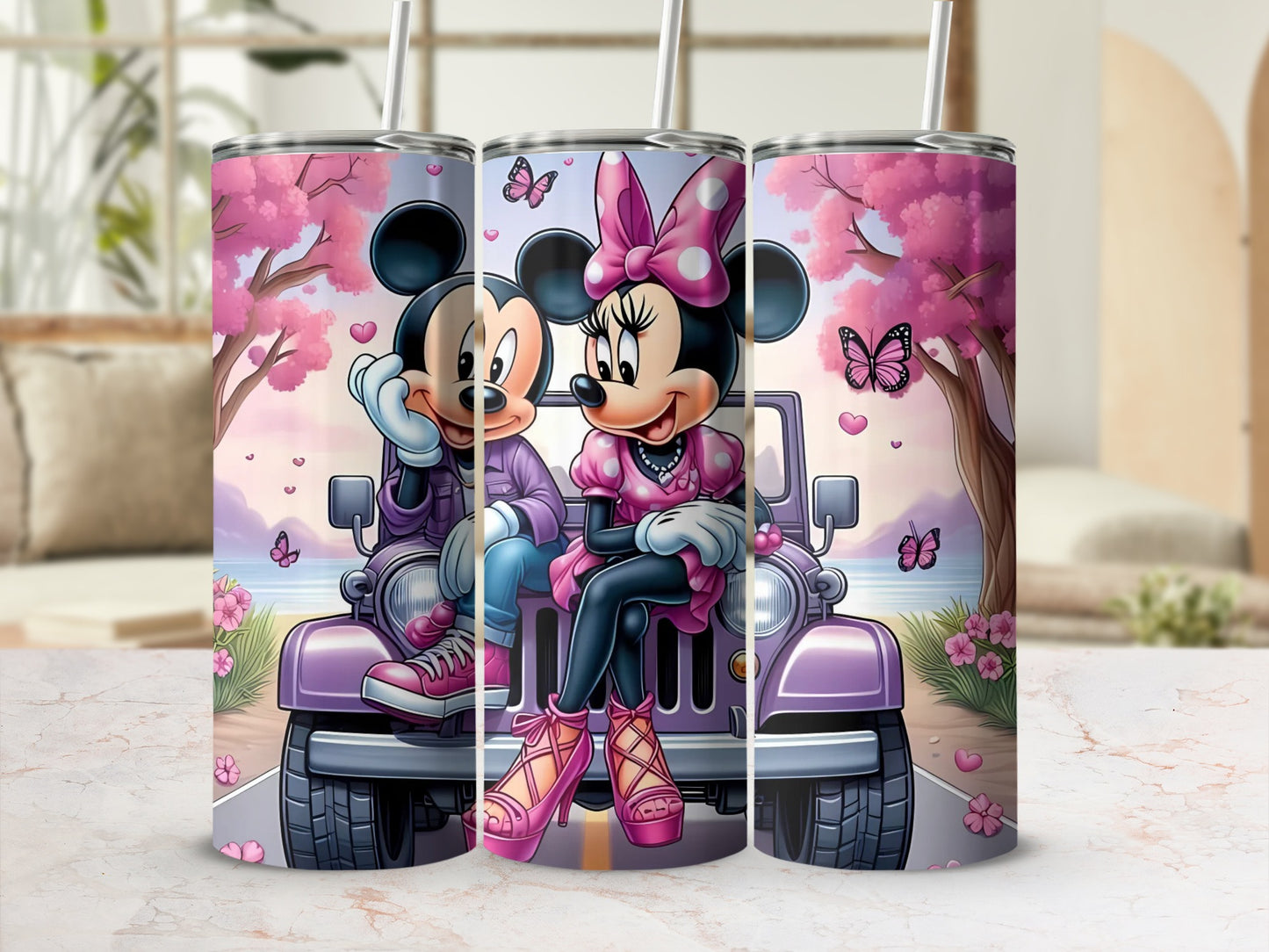 Mickey and Minnie Pink Car Travel Tumbler Cup