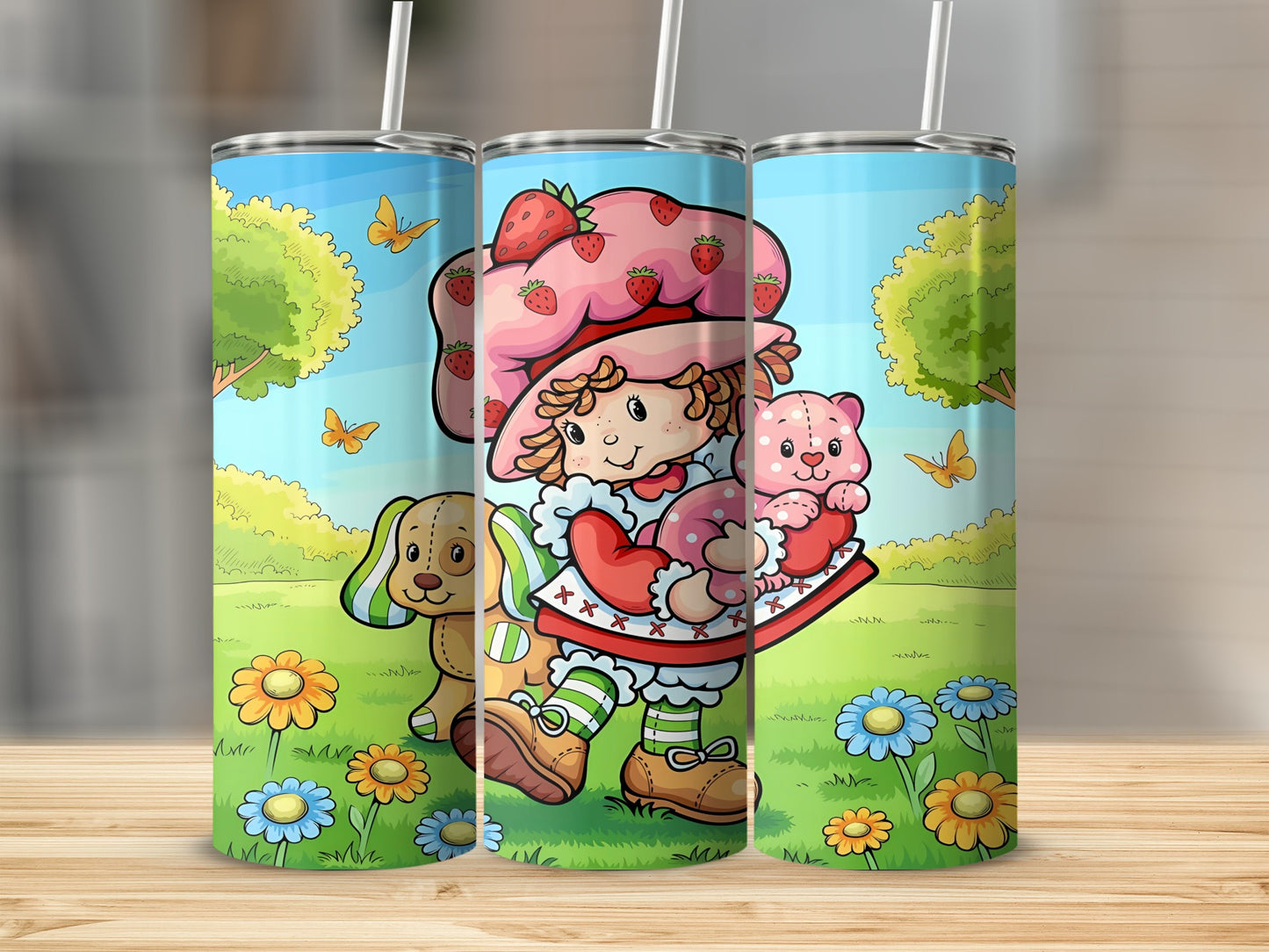Strawberry Shortcake character with a dog and butterfly on a grassy field.