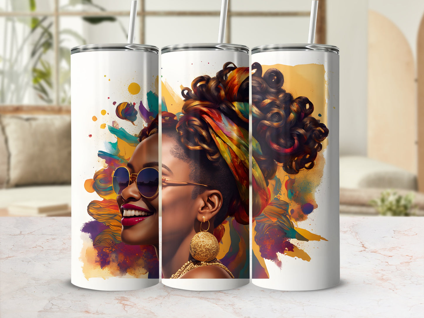 Tumbler with vibrant abstract art featuring a woman's profile.