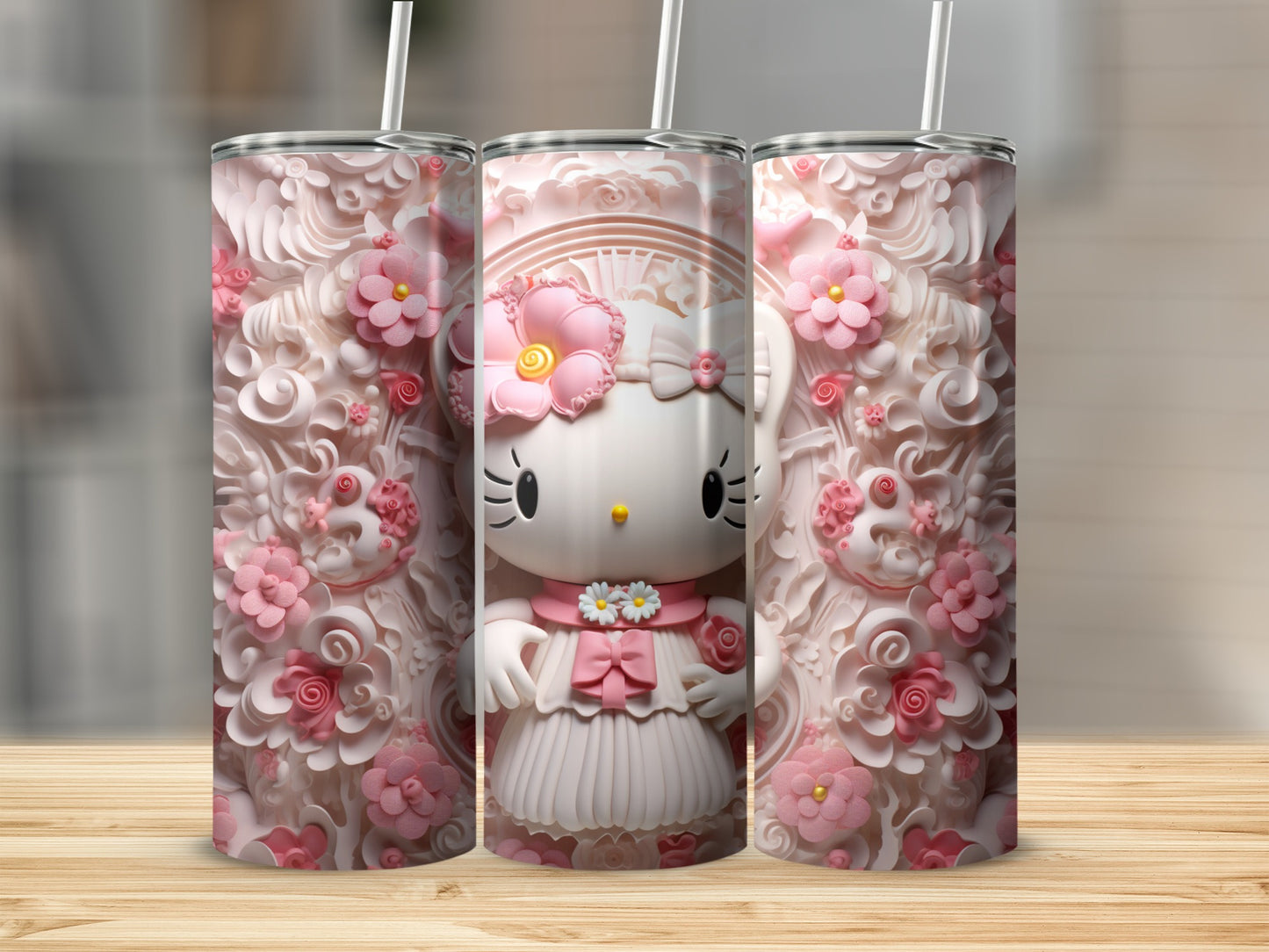 Lovely Floral Hello Kitty Design Tumbler with Straw