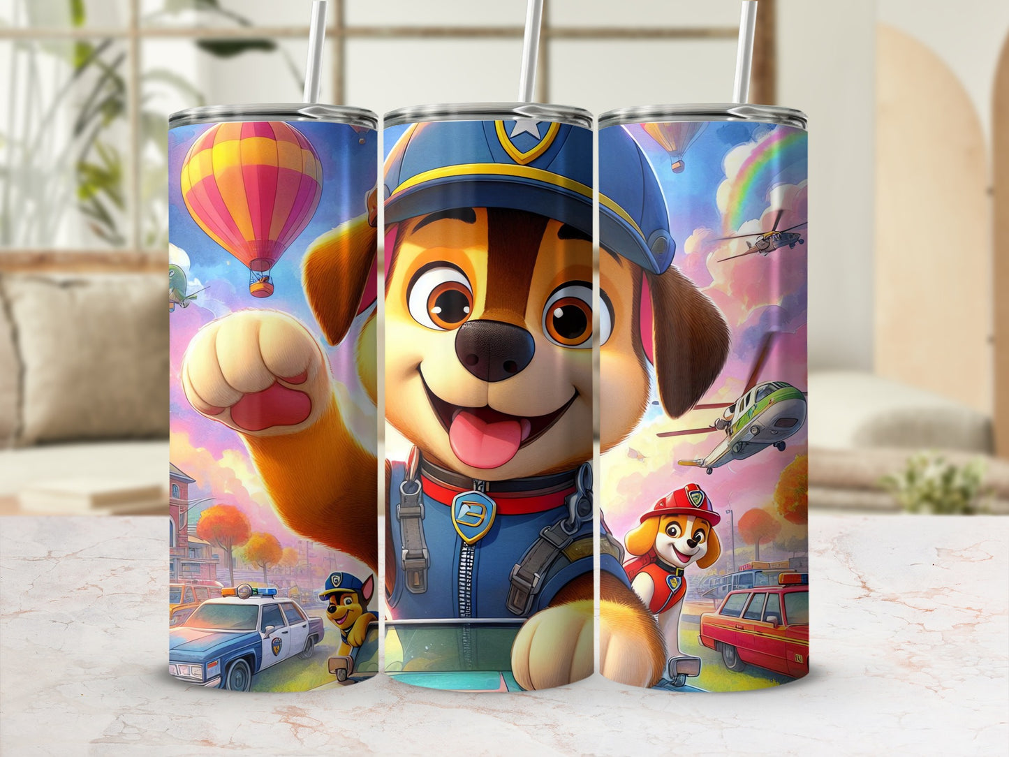 Colorful Cartoon Puppy Hot Air Balloon Scene Tumbler