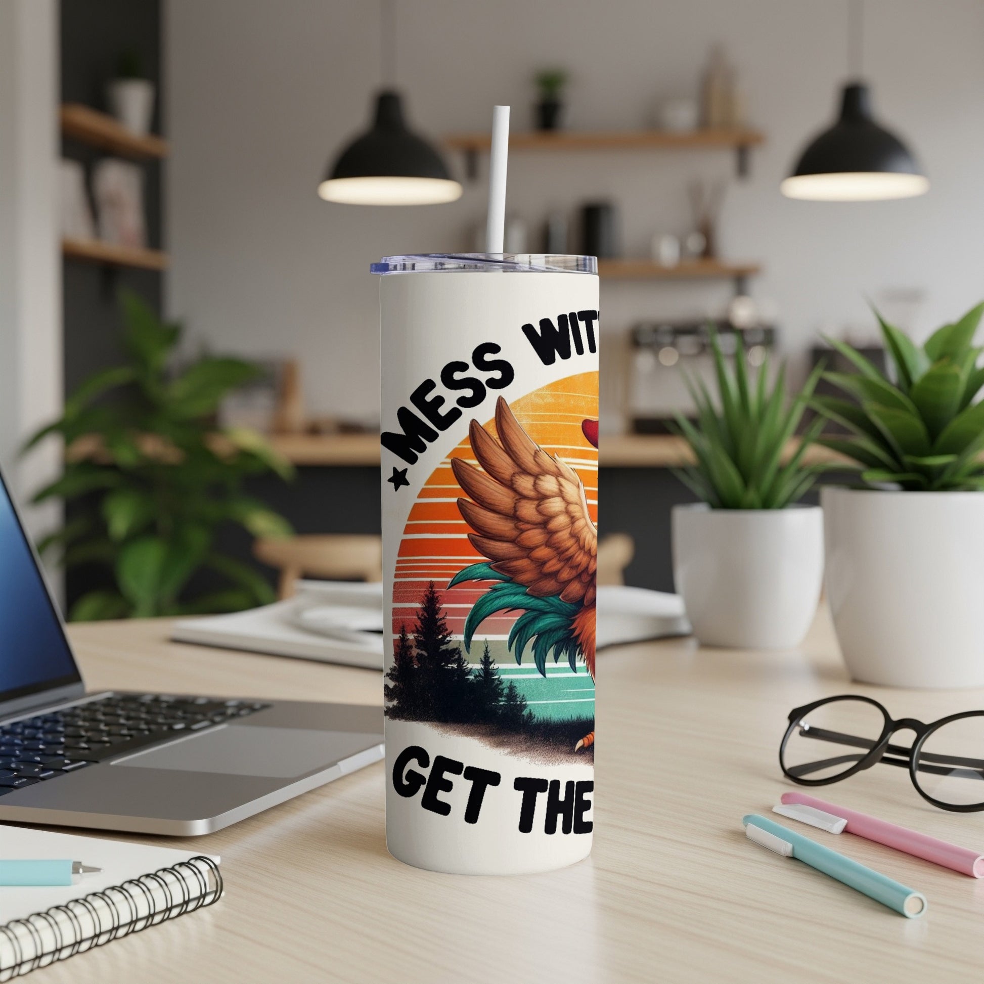 Rooster and sunset design on a white tumbler with straw.
