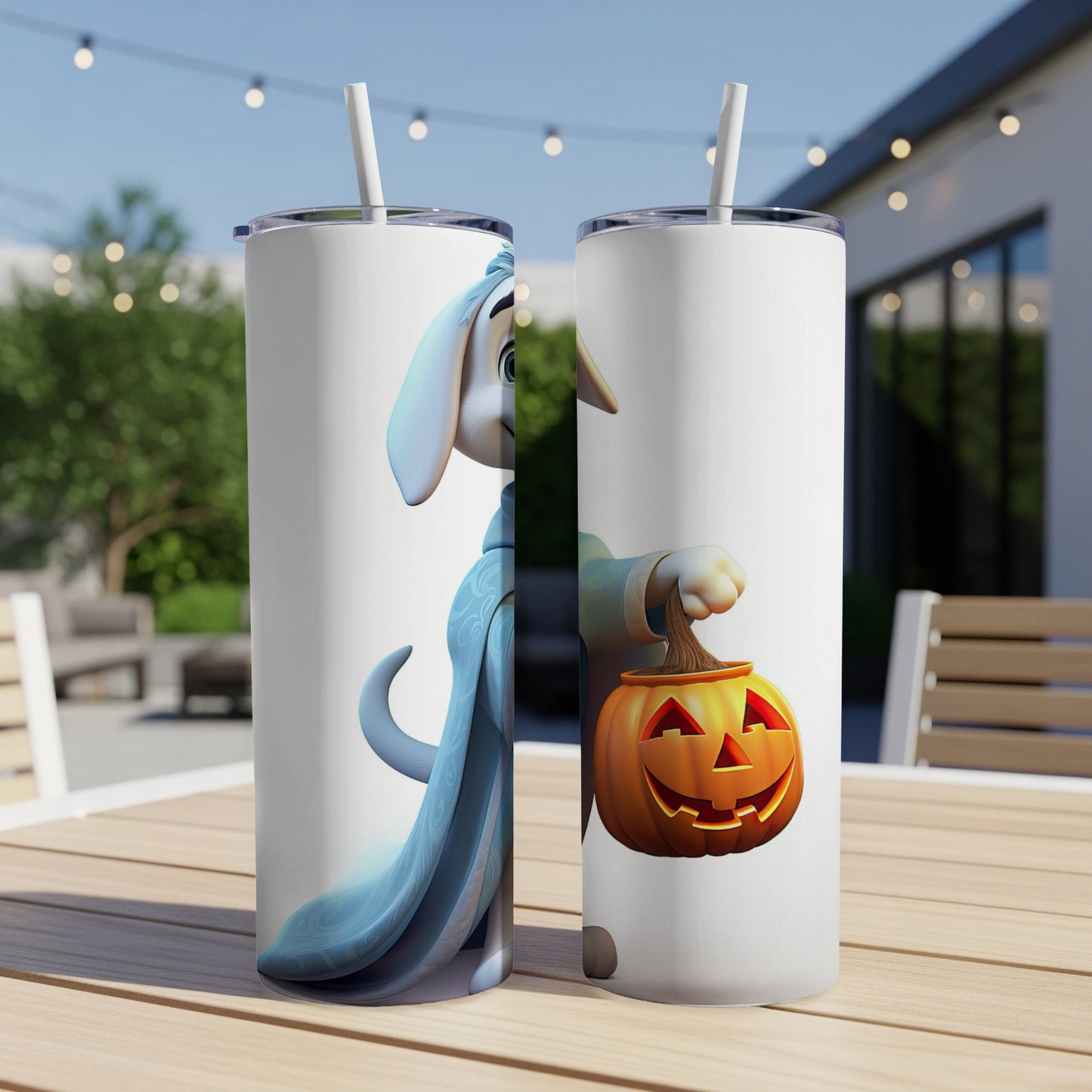 Two tumblers, one with a blue-robed dog, the other with a jack-o'-lantern.