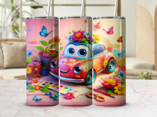 Vibrant Floral Car and Butterflies Design Tumbler Cup