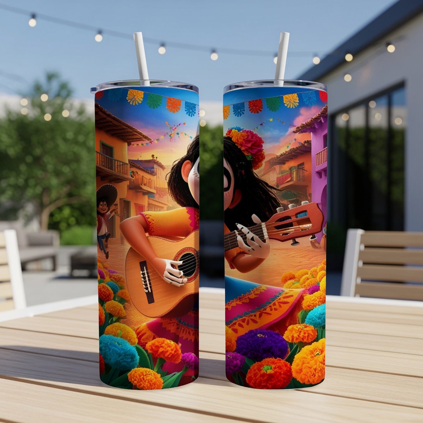Two tumblers featuring a colorful Dia de los Muertos scene with a girl playing guitar.