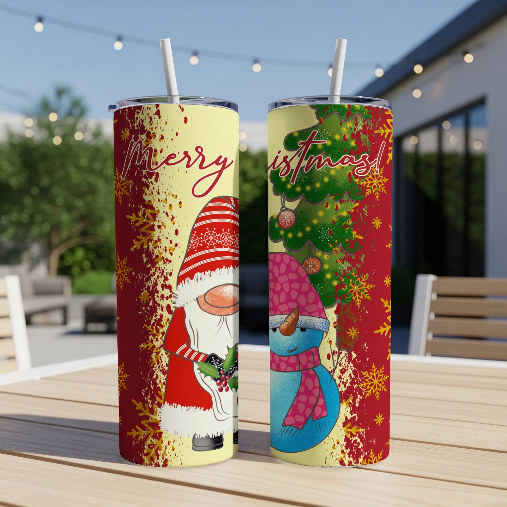 Christmas gnome and snowman on a yellow tumbler with festive designs and "Merry Christmas!" text.
