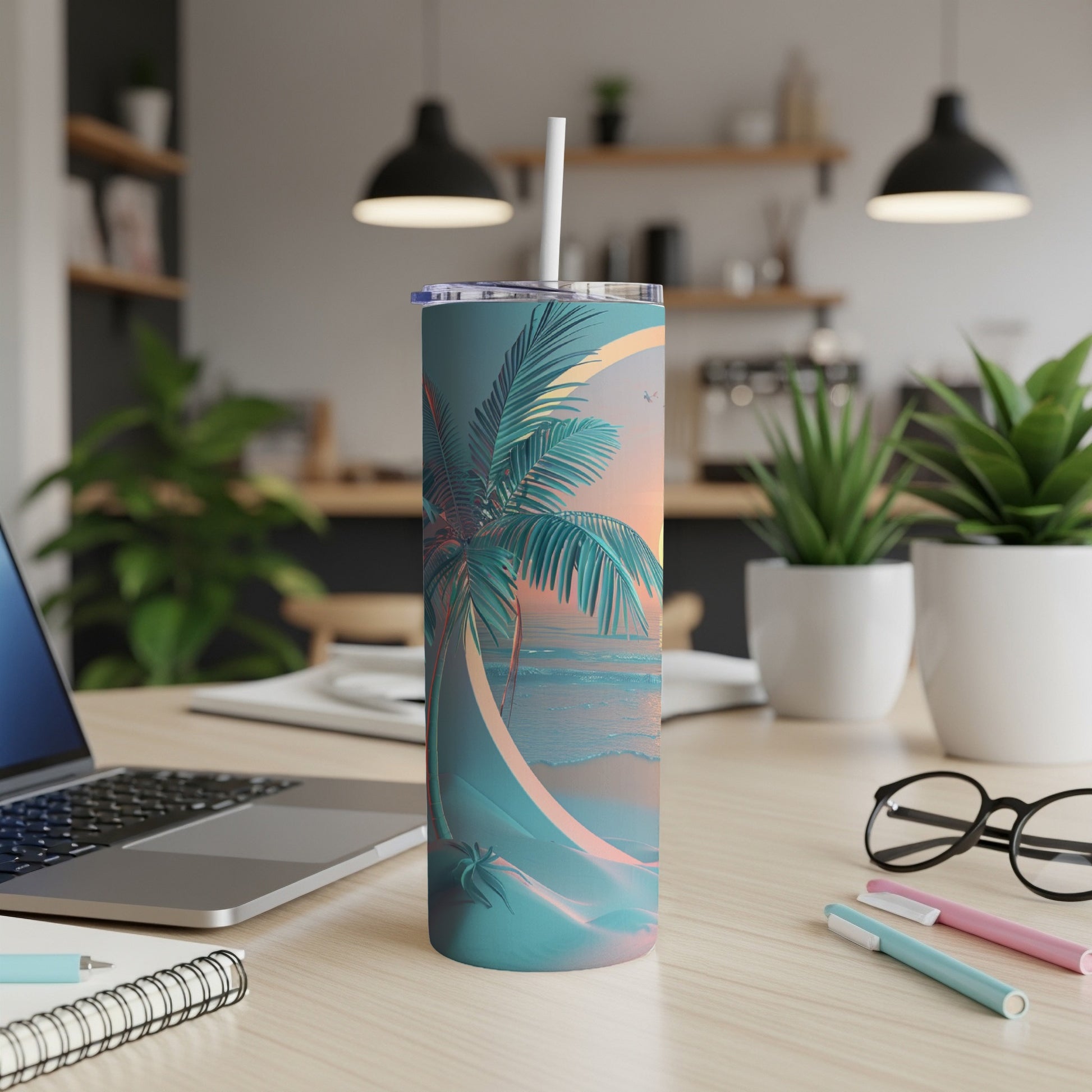 Palm tree and ocean sunset scene on a teal skinny tumbler.