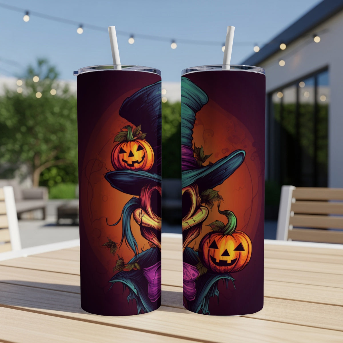 Halloween themed tumblers featuring a scarecrow with jack-o'-lanterns and a witch hat.