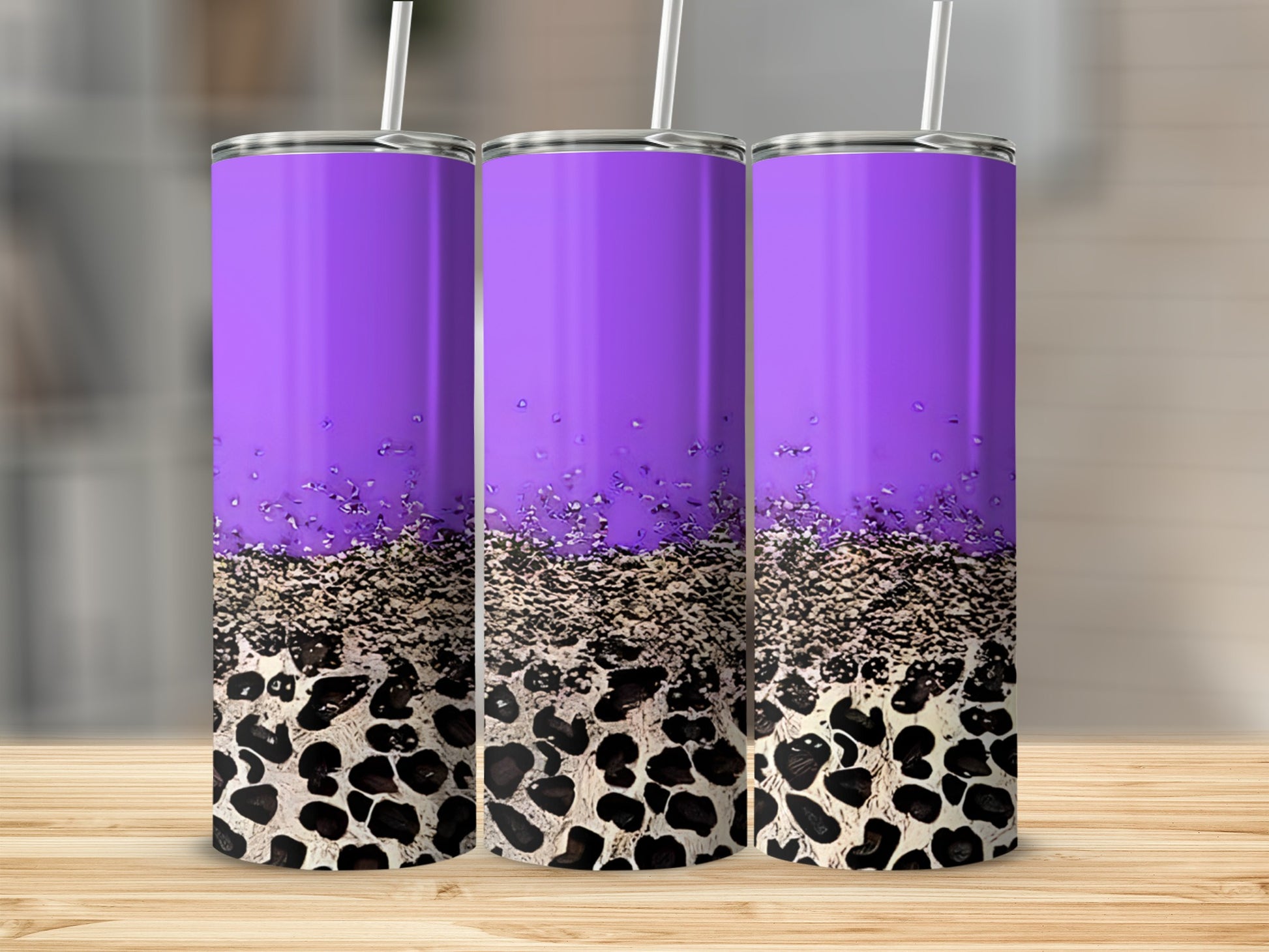 Purple tumbler with leopard print and glitter accent.