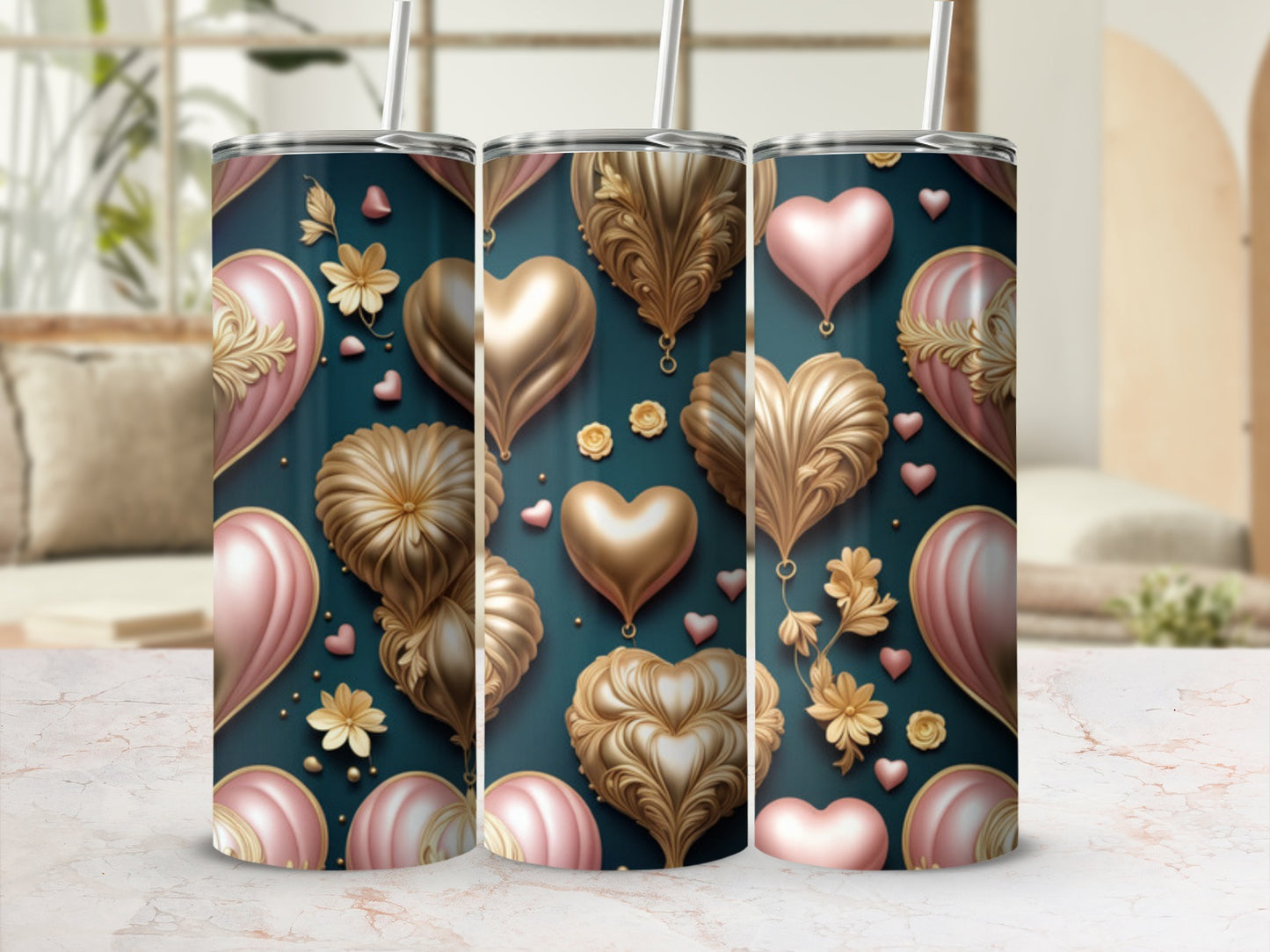 Dark teal tumbler with gold and pink hearts, floral accents, and subtle background.