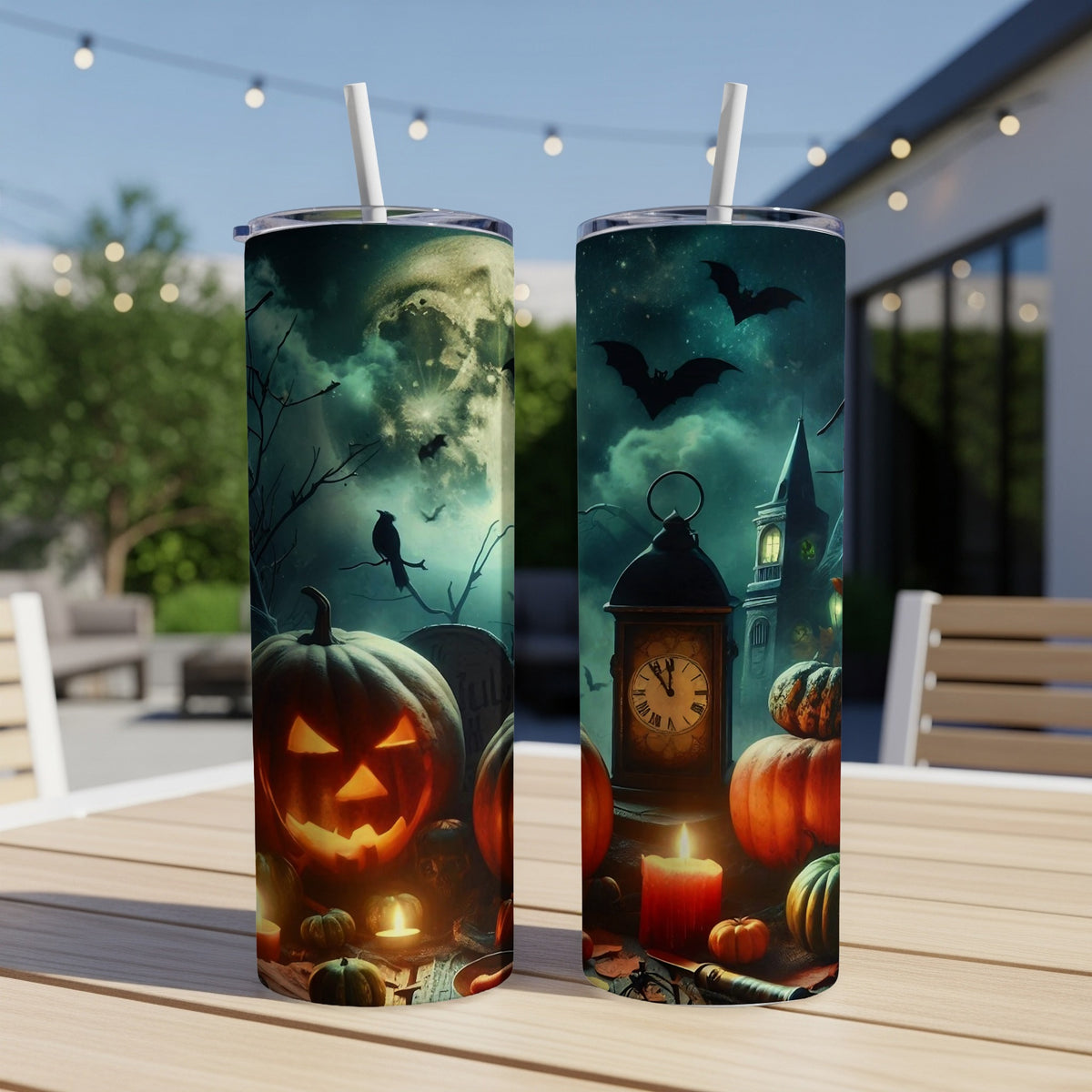 Two tumblers with a Halloween theme featuring pumpkins, bats, a clock tower, and a moonlit sky.