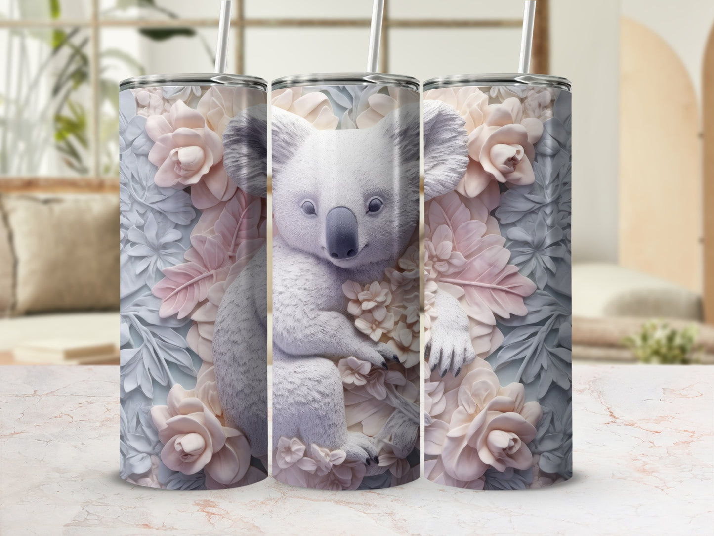 Koala bear surrounded by soft pink and gray floral petals.